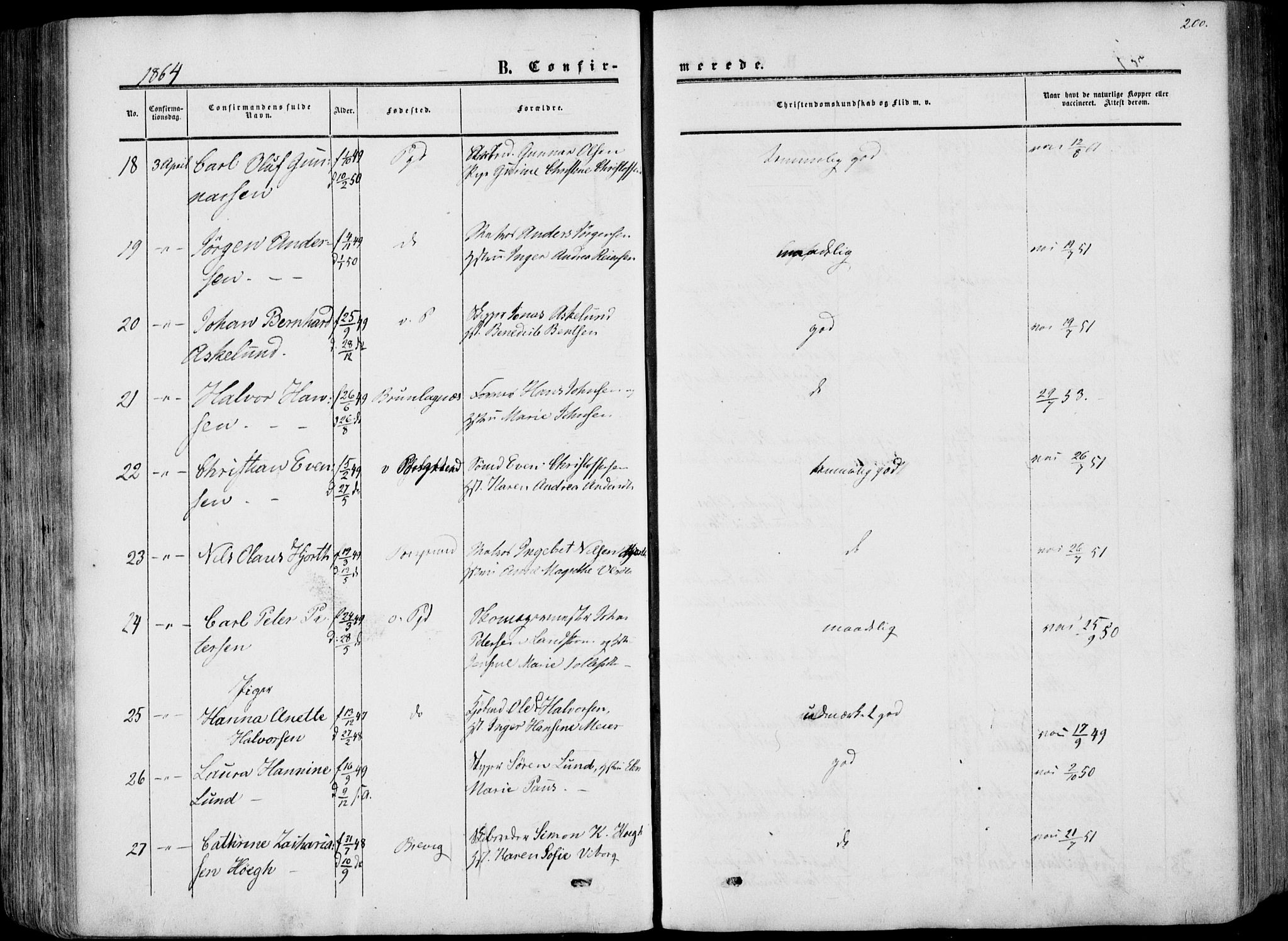 Porsgrunn kirkebøker , AV/SAKO-A-104/F/Fa/L0007: Parish register (official) no. 7, 1858-1877, p. 200