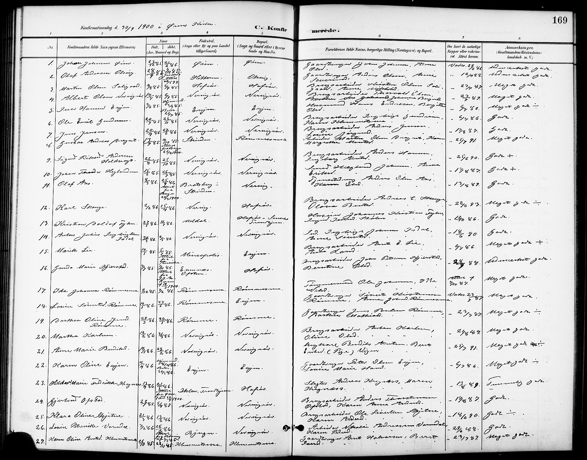 Ministerialprotokoller, klokkerbøker og fødselsregistre - Sør-Trøndelag, SAT/A-1456/668/L0819: Parish register (copy) no. 668C08, 1899-1912, p. 169