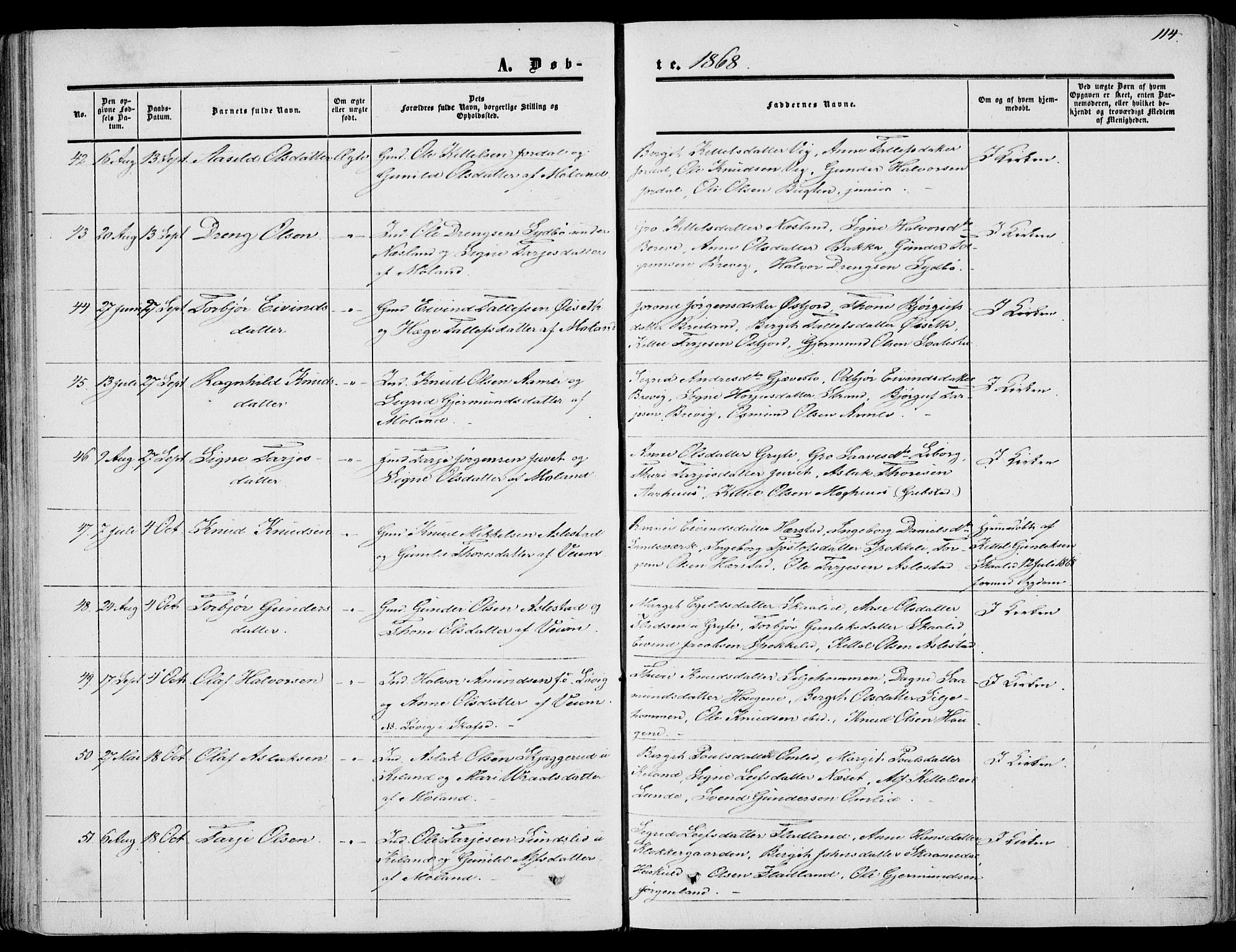 Fyresdal kirkebøker, SAKO/A-263/F/Fa/L0005: Parish register (official) no. I 5, 1855-1871, p. 114