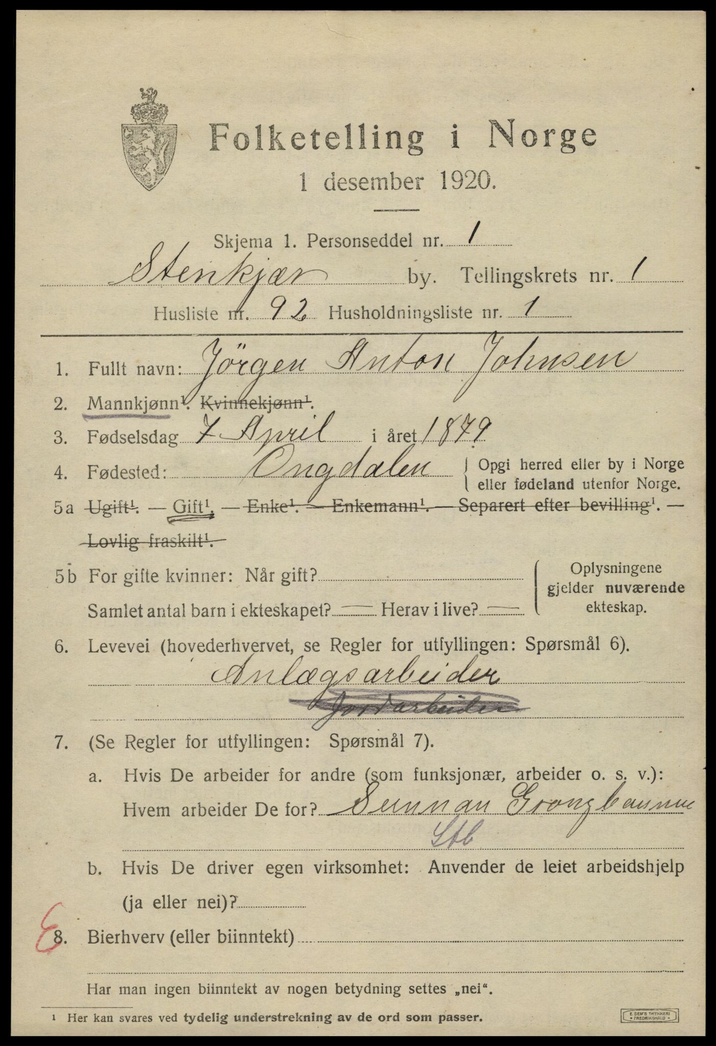 SAT, 1920 census for Steinkjer, 1920, p. 4078