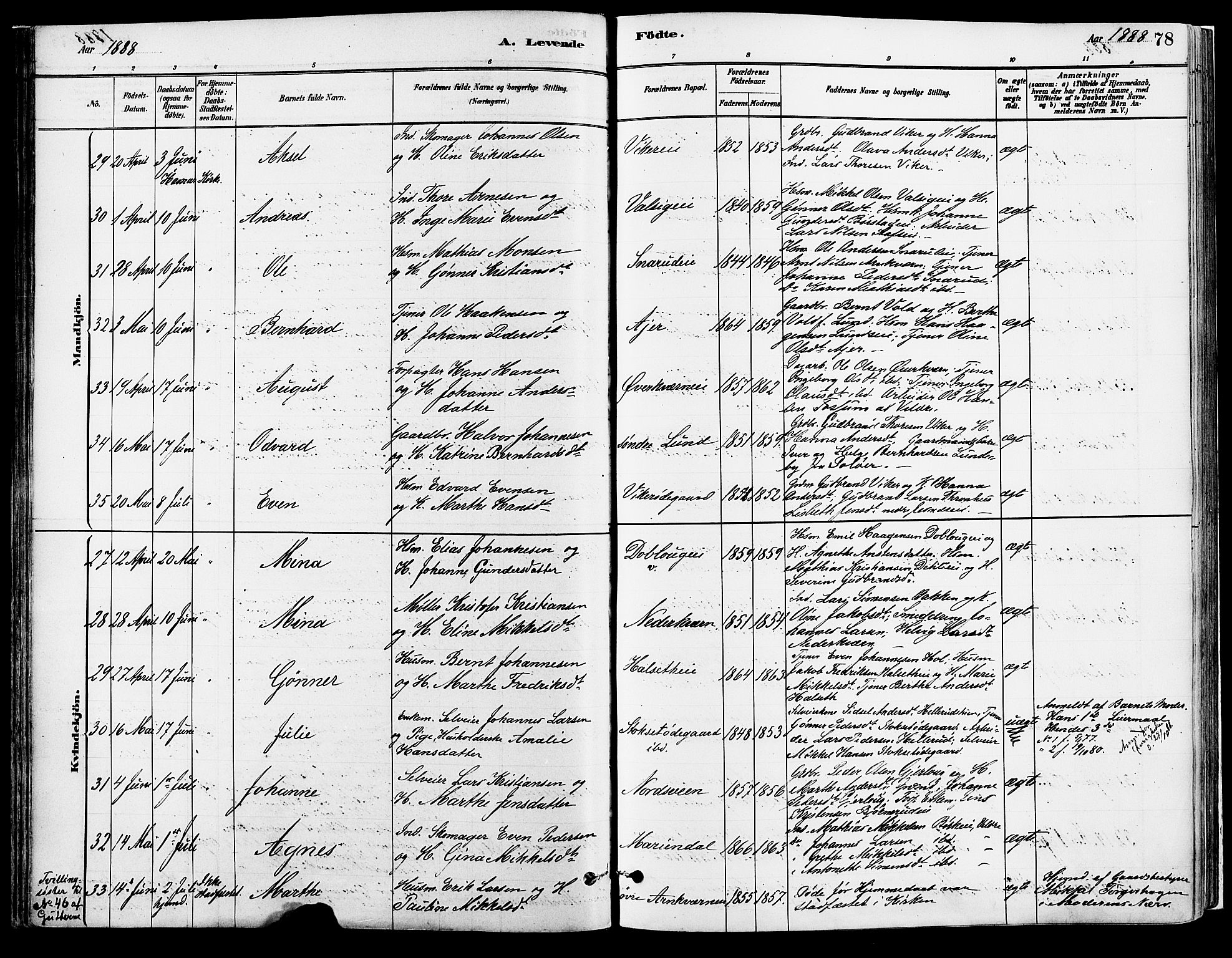 Vang prestekontor, Hedmark, SAH/PREST-008/H/Ha/Haa/L0018A: Parish register (official) no. 18A, 1880-1906, p. 78