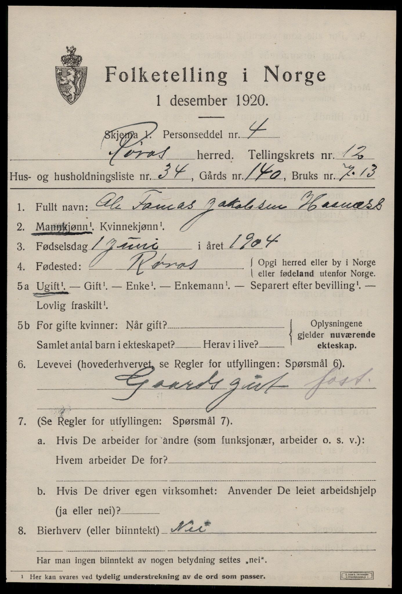 SAT, 1920 census for Røros, 1920, p. 9362