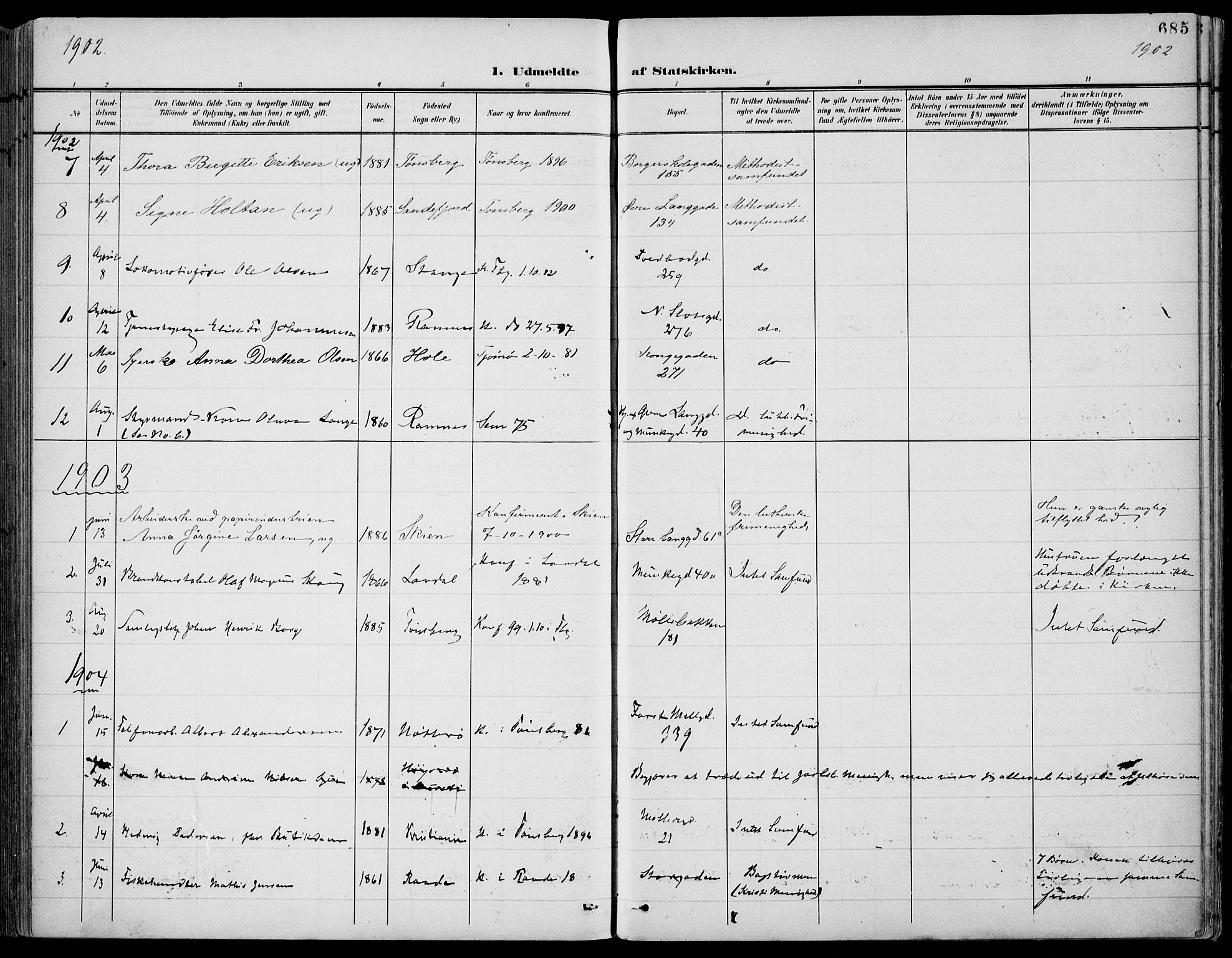 Tønsberg kirkebøker, AV/SAKO-A-330/F/Fa/L0013: Parish register (official) no. I 13, 1900-1913, p. 685