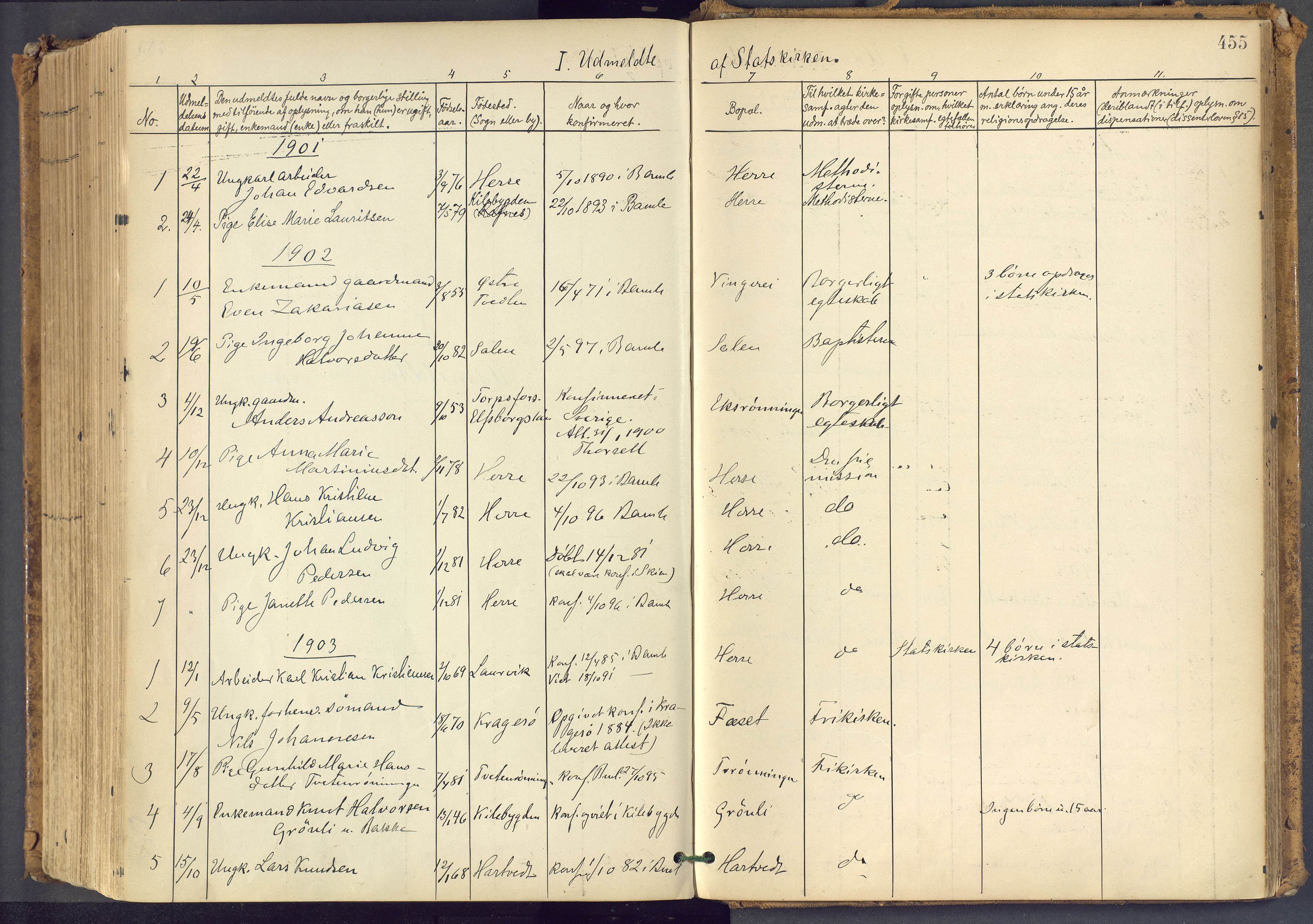 Bamble kirkebøker, SAKO/A-253/F/Fa/L0009: Parish register (official) no. I 9, 1901-1917, p. 455
