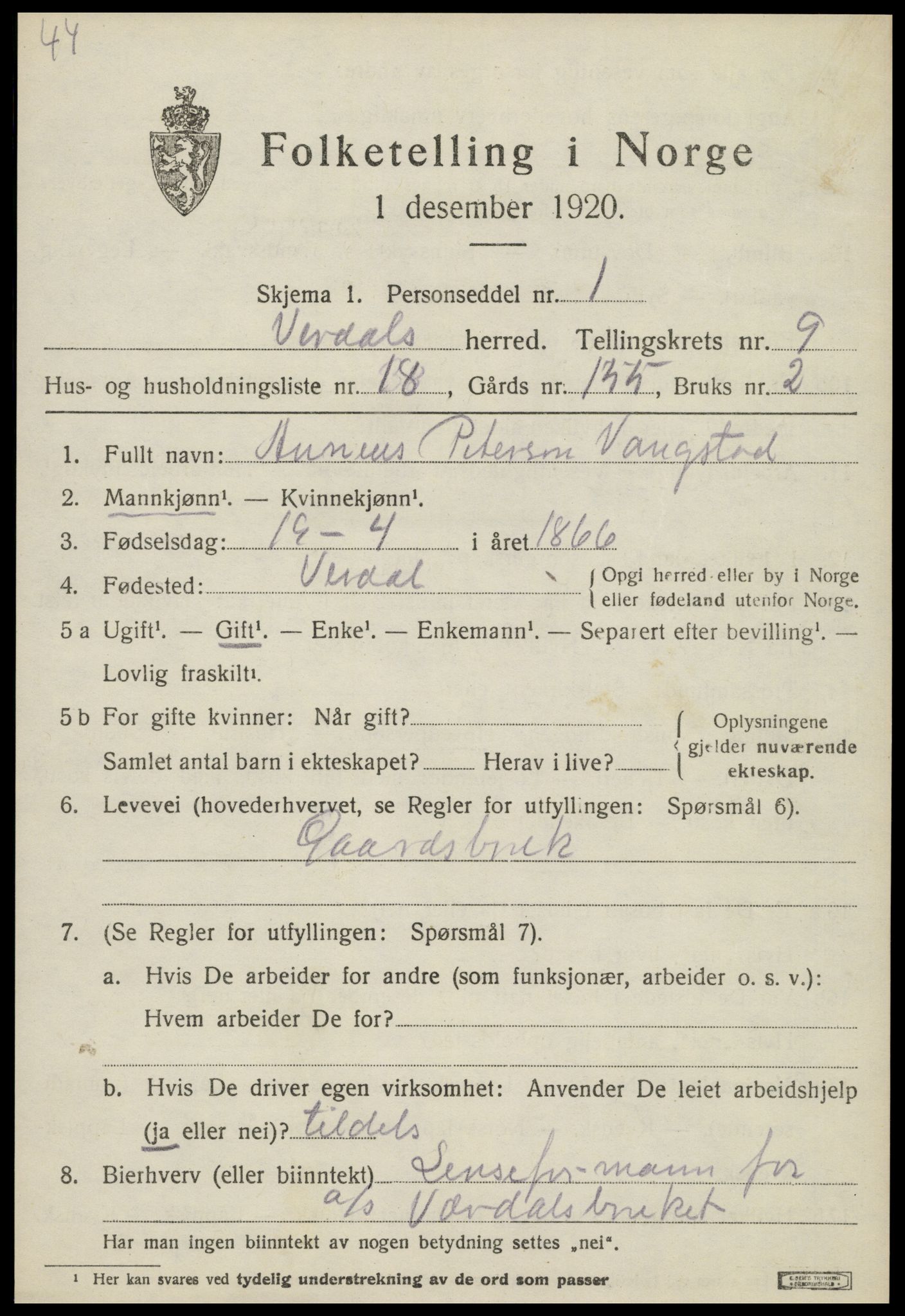 SAT, 1920 census for Verdal, 1920, p. 11597