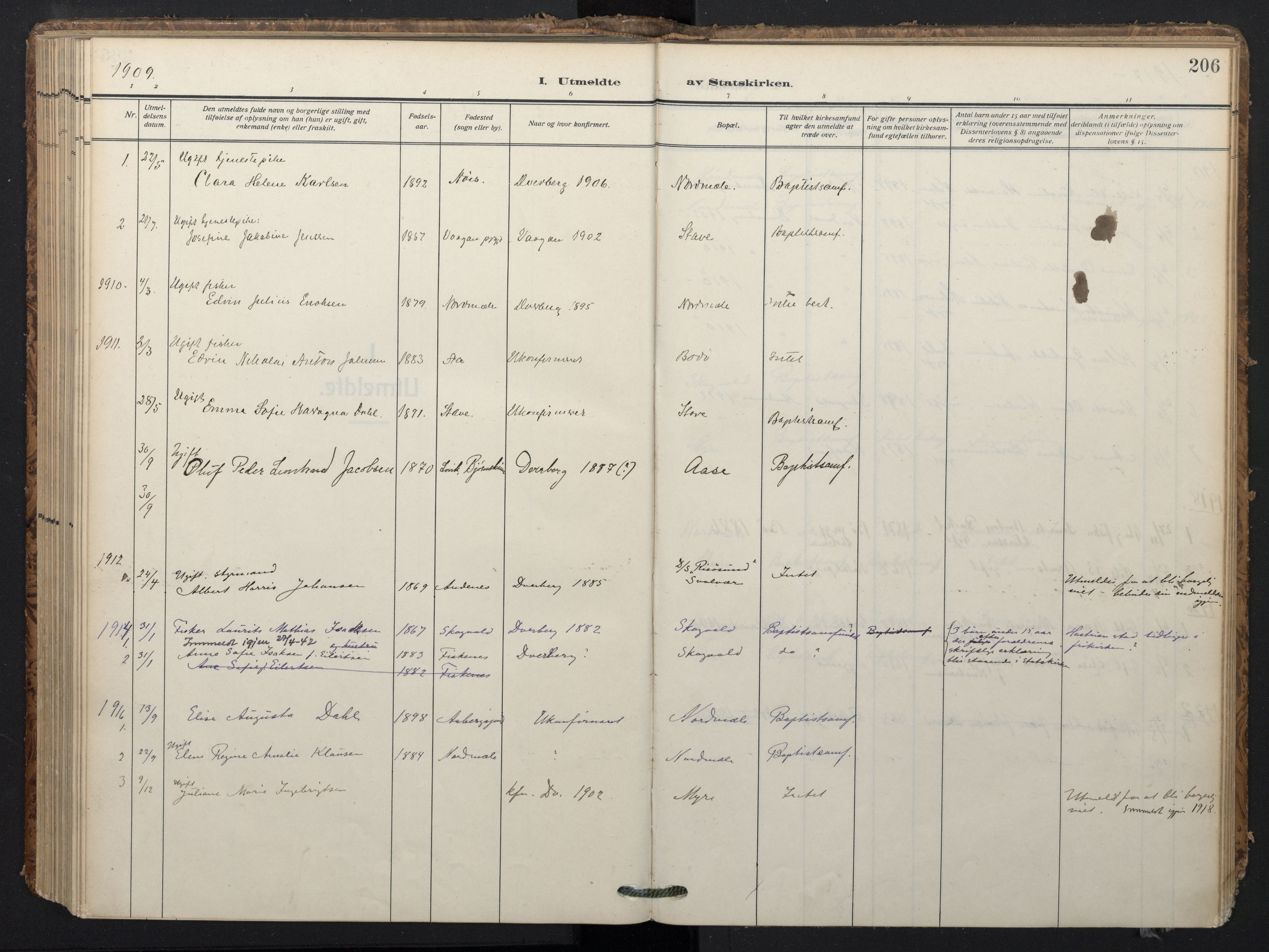 Ministerialprotokoller, klokkerbøker og fødselsregistre - Nordland, SAT/A-1459/897/L1401: Parish register (official) no. 897A08, 1909-1921, p. 206