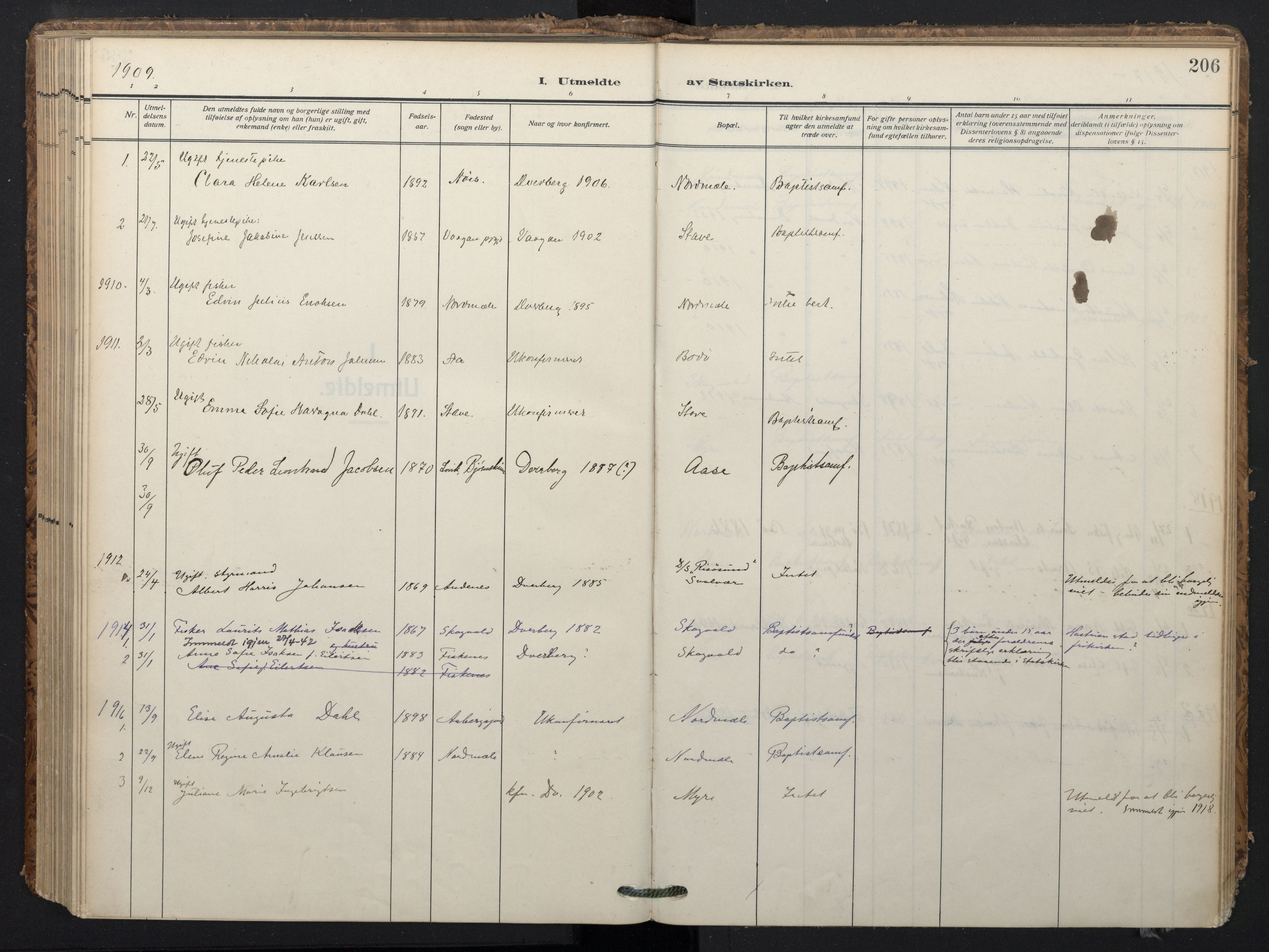 Ministerialprotokoller, klokkerbøker og fødselsregistre - Nordland, AV/SAT-A-1459/897/L1401: Parish register (official) no. 897A08, 1909-1921, p. 206