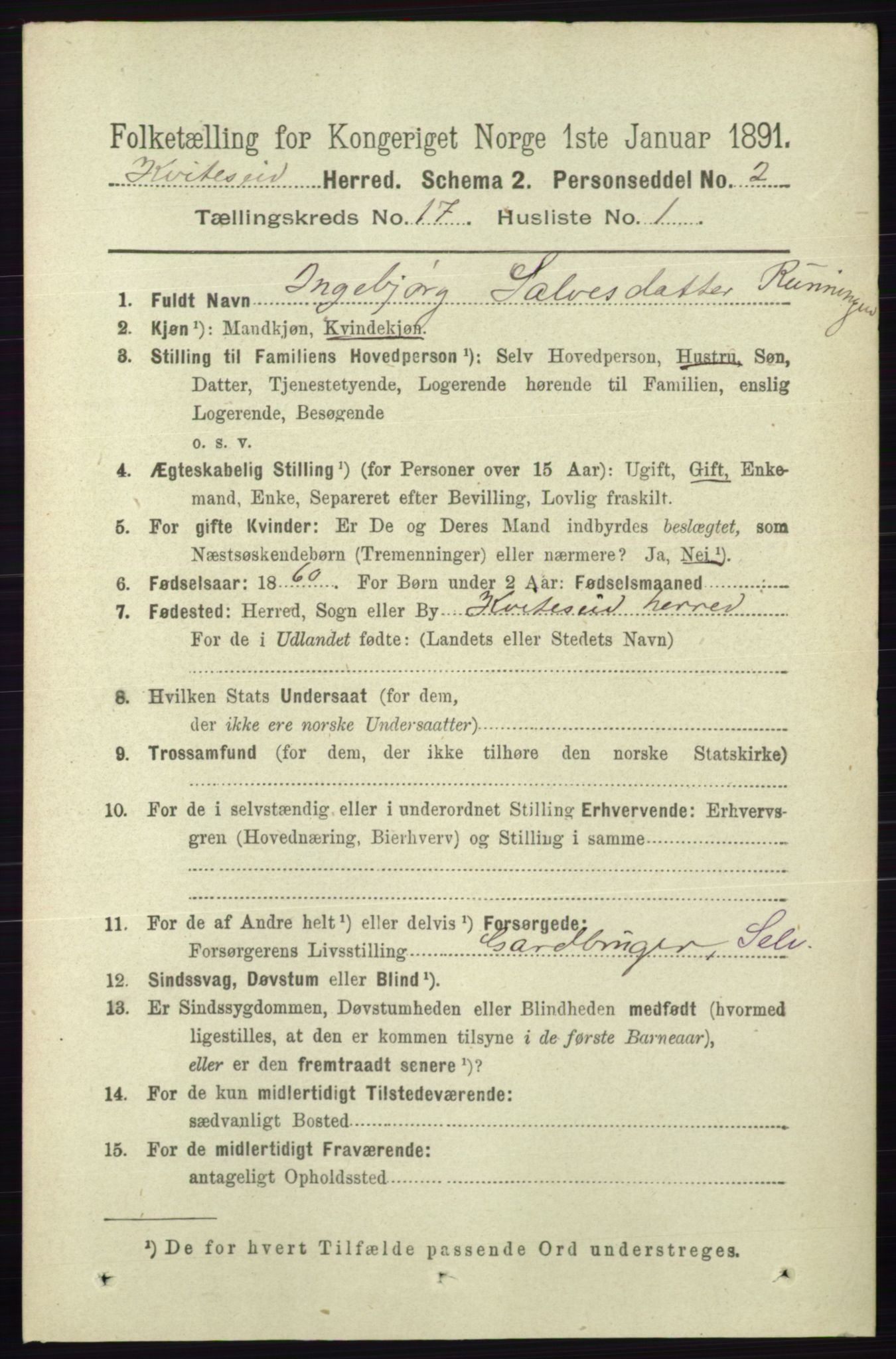 RA, 1891 census for 0829 Kviteseid, 1891, p. 3780