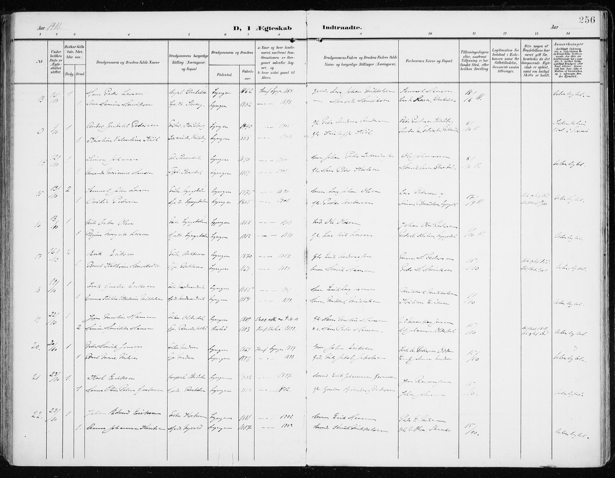 Lyngen sokneprestembete, AV/SATØ-S-1289/H/He/Hea/L0011kirke: Parish register (official) no. 11, 1903-1913, p. 256