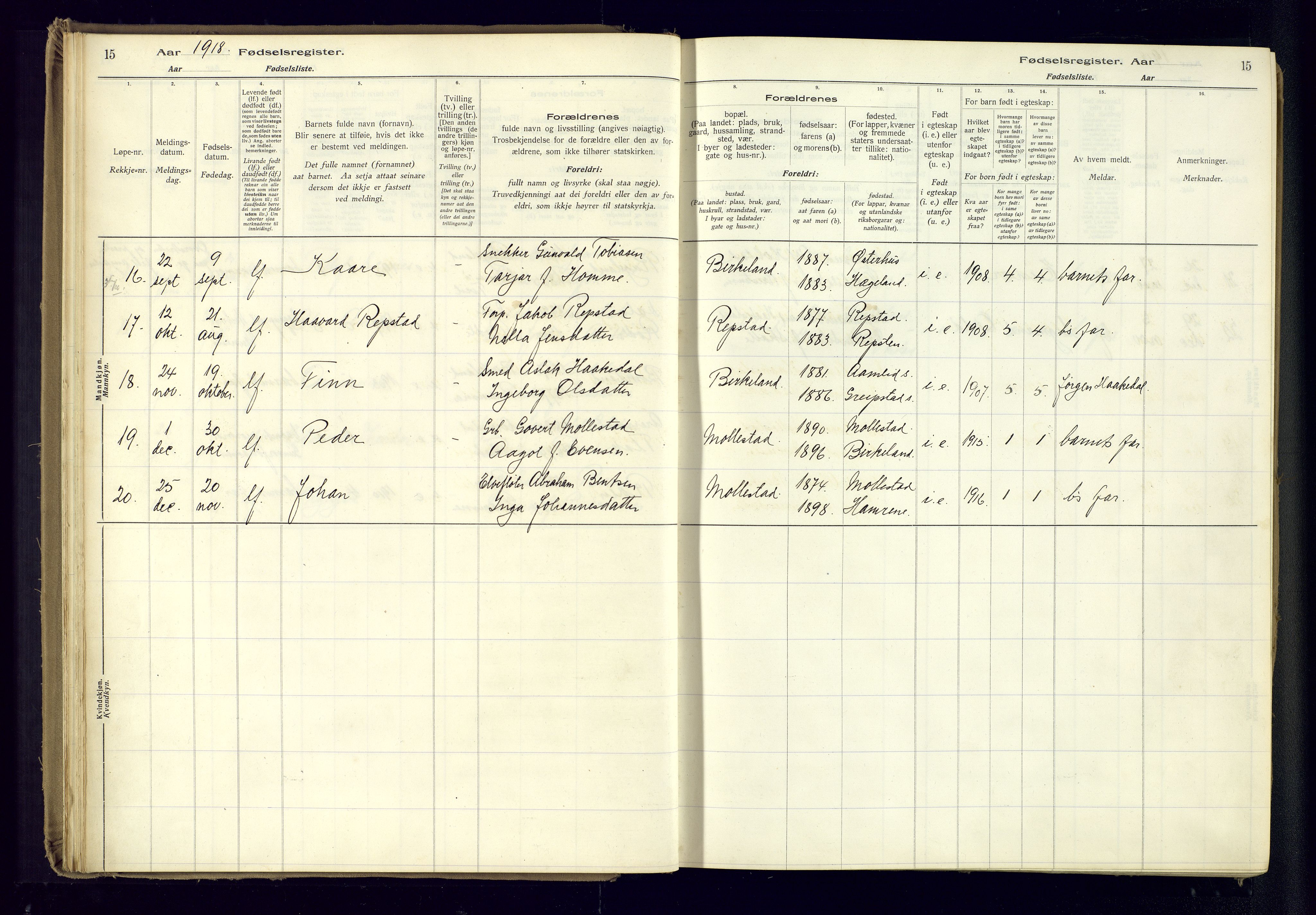 Birkenes sokneprestkontor, SAK/1111-0004/J/Ja/L0001: Birth register no. II.6.4, 1916-1962, p. 15