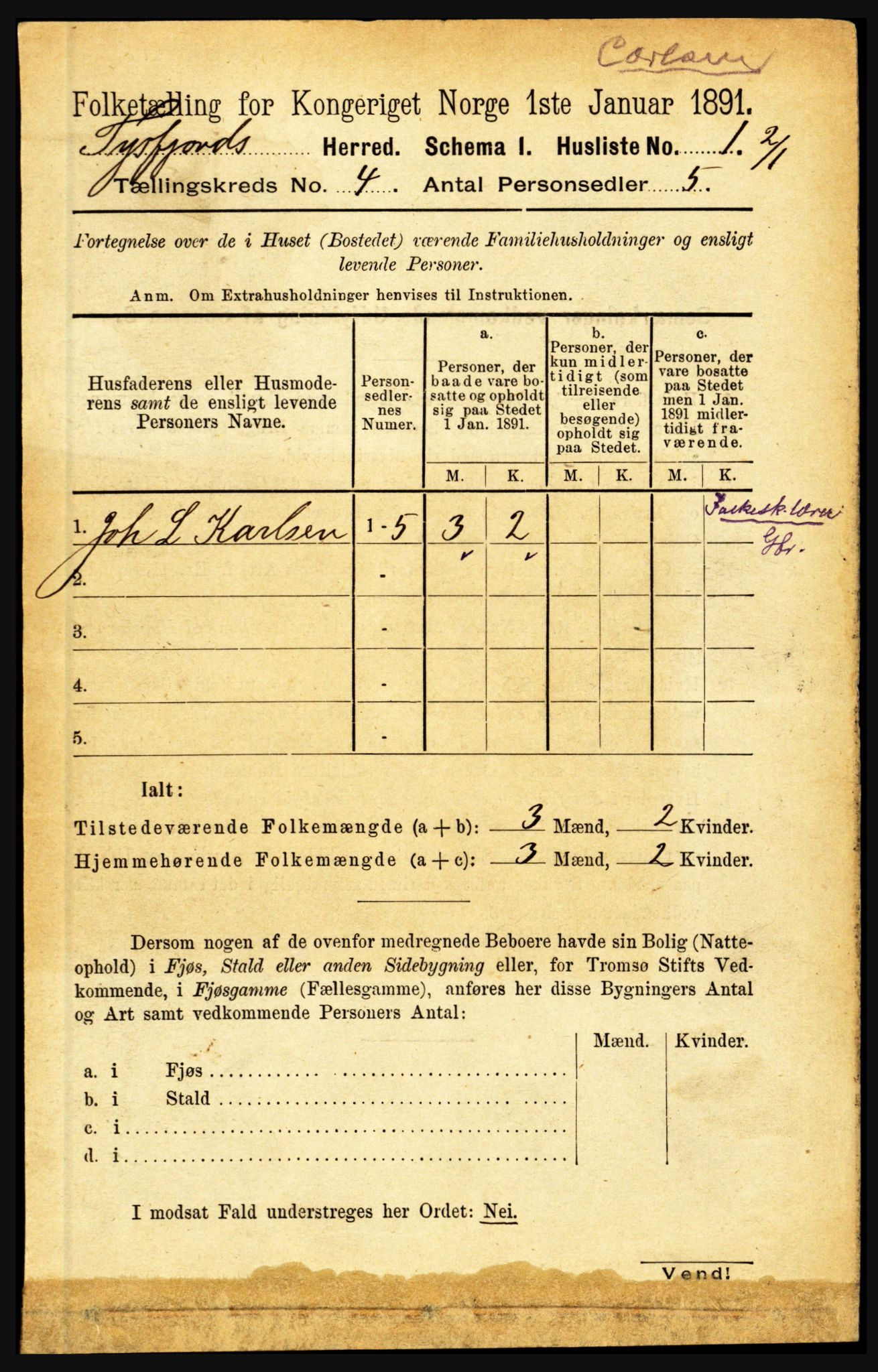 RA, 1891 census for 1850 Tysfjord, 1891, p. 1345