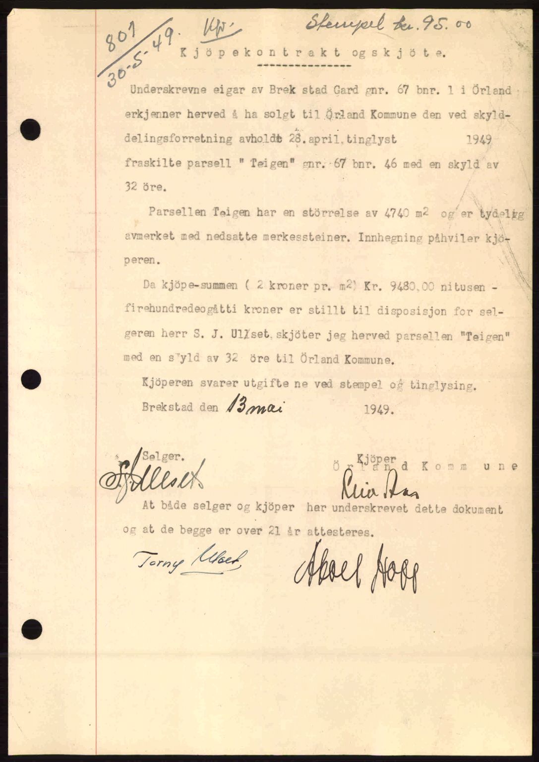 Fosen sorenskriveri, AV/SAT-A-1107/1/2/2C: Mortgage book no. A9, 1948-1949, Diary no: : 801/1949