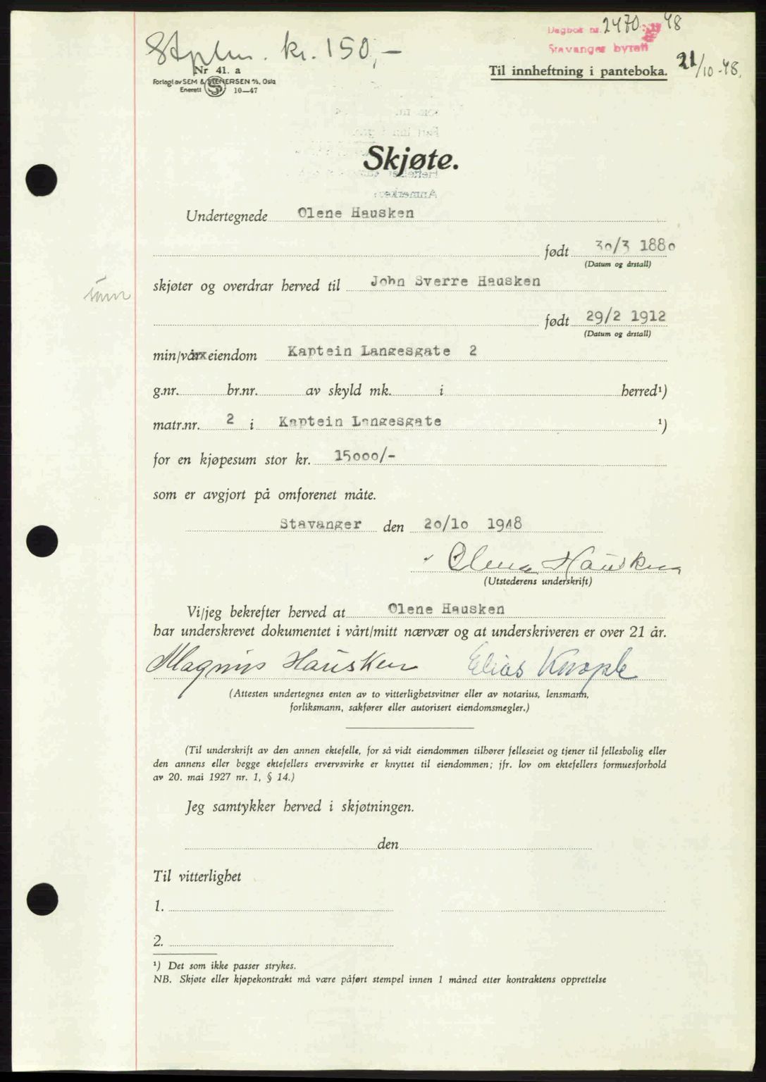 Stavanger byrett, SAST/A-100455/002/G/Gb/L0023: Mortgage book no. A12, 1948-1949, Diary no: : 2470/1948