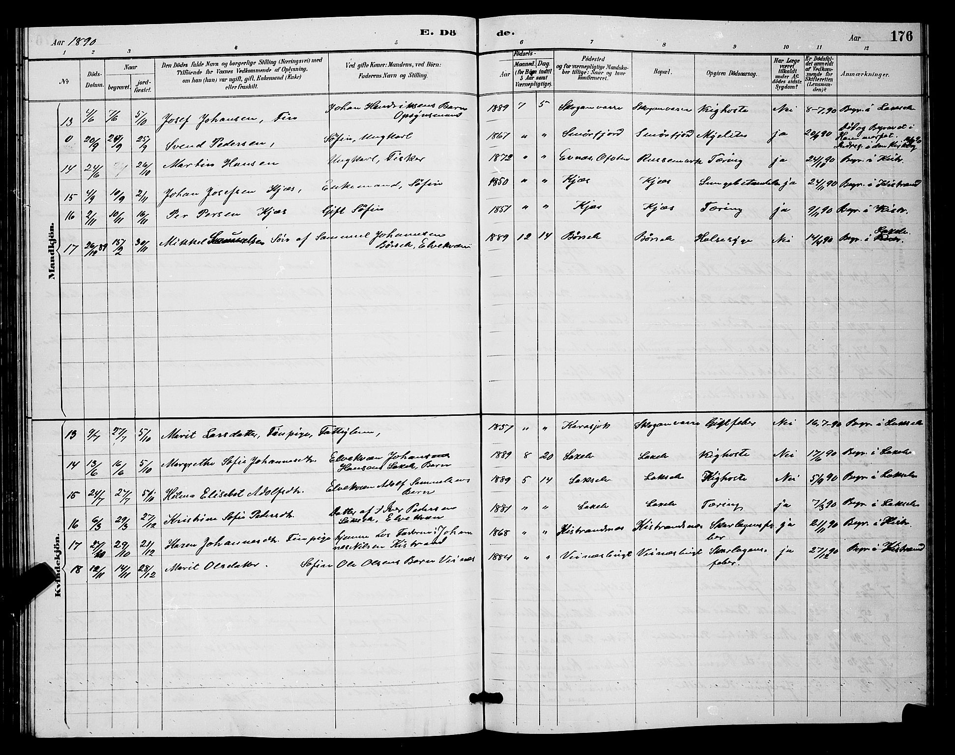 Kistrand/Porsanger sokneprestembete, AV/SATØ-S-1351/H/Hb/L0004.klokk: Parish register (copy) no. 4, 1885-1894, p. 176