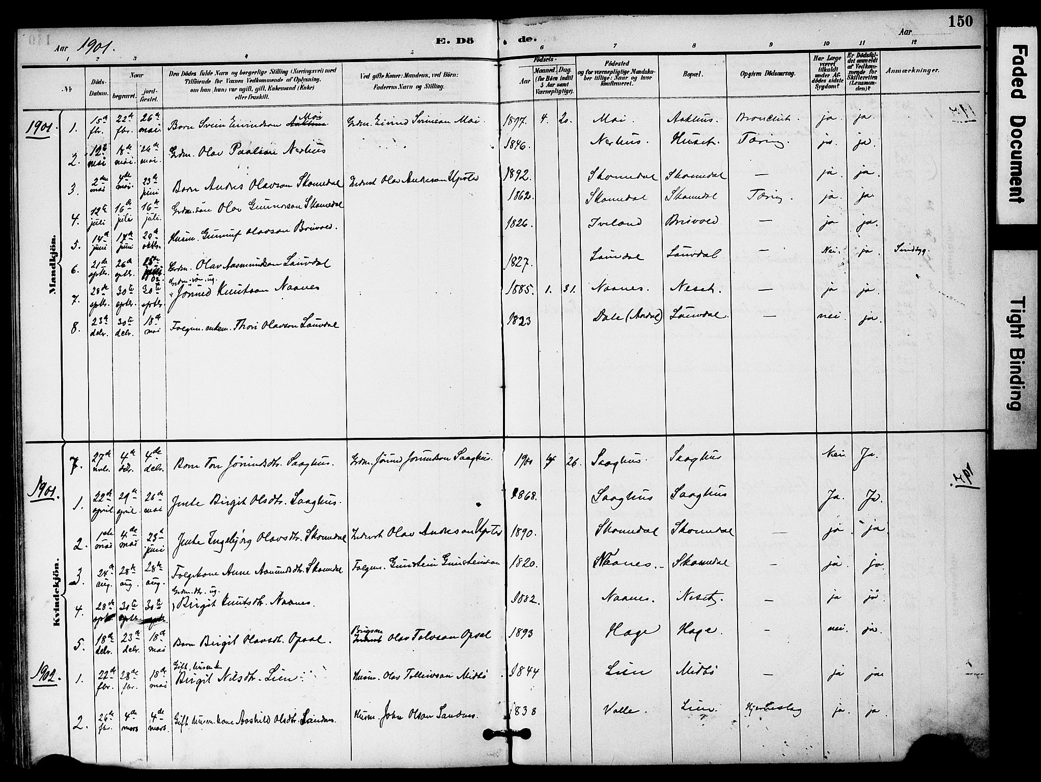 Bygland sokneprestkontor, AV/SAK-1111-0006/F/Fa/Fab/L0007: Parish register (official) no. A 7, 1885-1909, p. 150