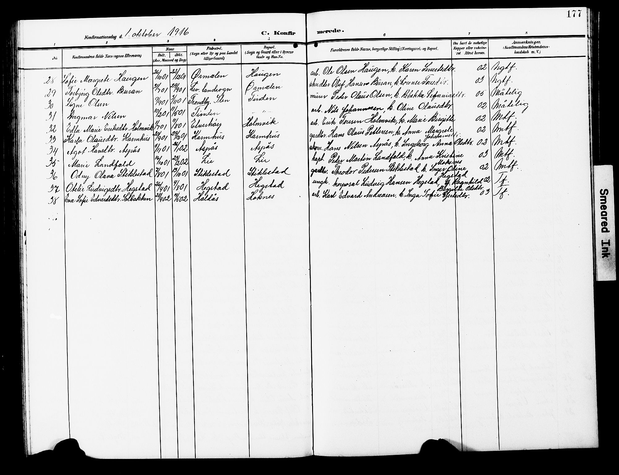 Ministerialprotokoller, klokkerbøker og fødselsregistre - Nord-Trøndelag, SAT/A-1458/723/L0258: Parish register (copy) no. 723C06, 1908-1927, p. 177