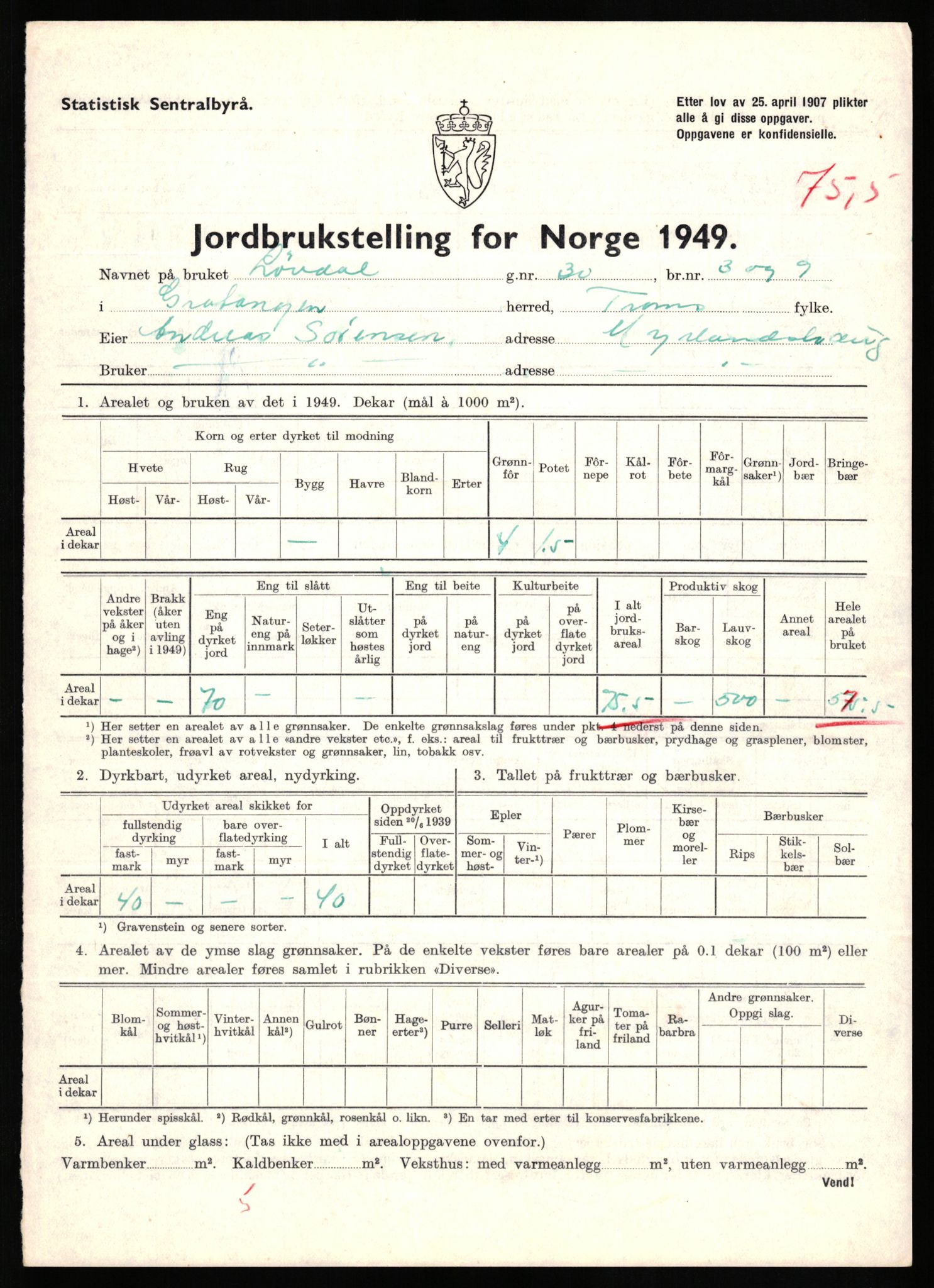 Statistisk sentralbyrå, Næringsøkonomiske emner, Jordbruk, skogbruk, jakt, fiske og fangst, AV/RA-S-2234/G/Gc/L0437: Troms: Gratangen og Lavangen, 1949, p. 1271
