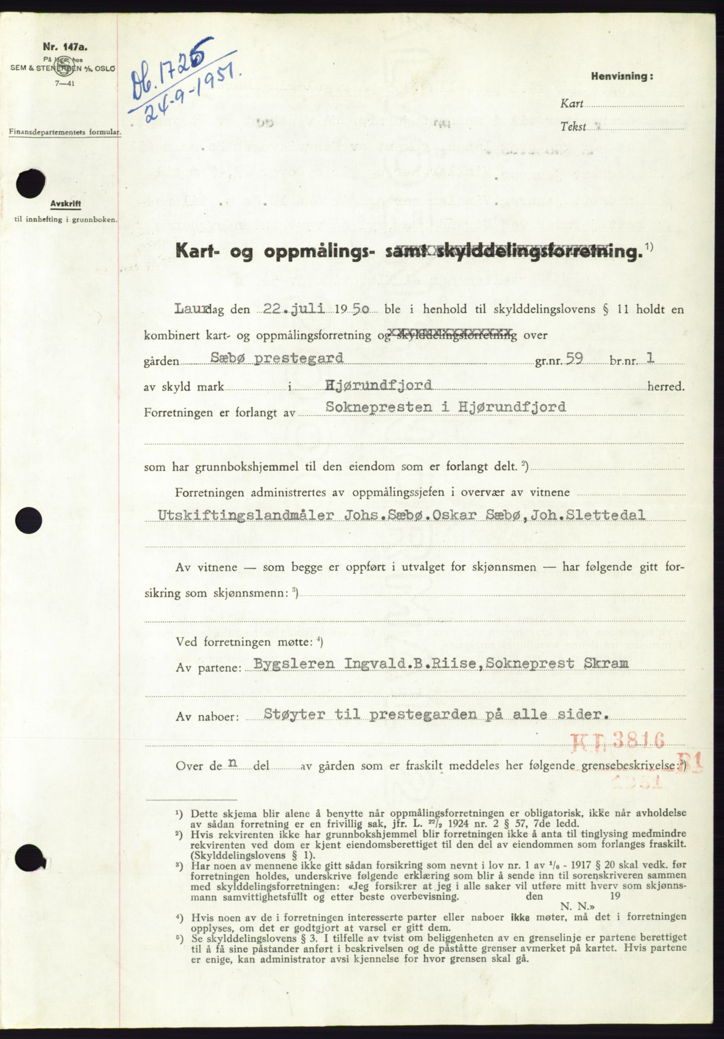 Søre Sunnmøre sorenskriveri, AV/SAT-A-4122/1/2/2C/L0090: Mortgage book no. 16A, 1951-1951, Diary no: : 1725/1951