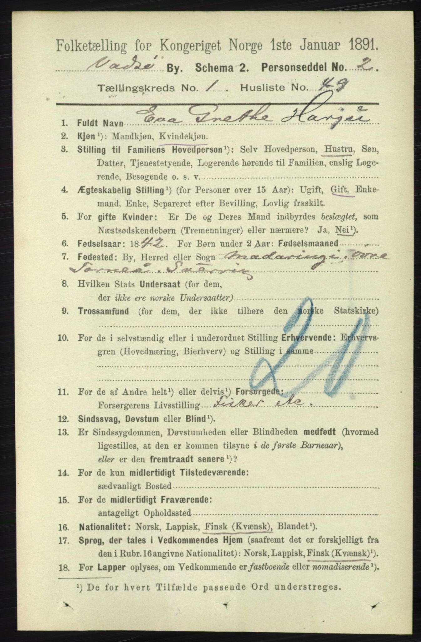 RA, 1891 census for 2003 Vadsø, 1891, p. 511