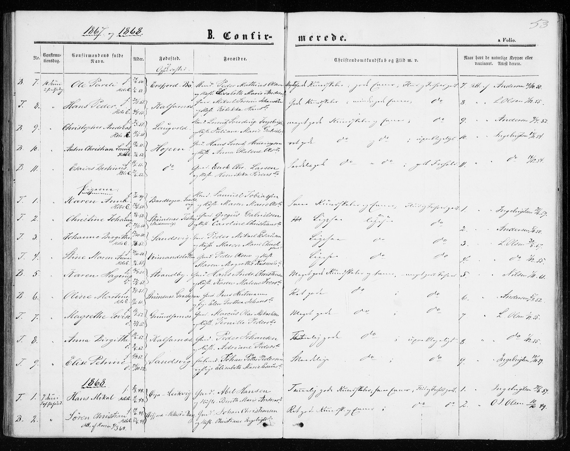 Berg sokneprestkontor, SATØ/S-1318/G/Ga/Gaa/L0002kirke: Parish register (official) no. 2, 1860-1872, p. 53