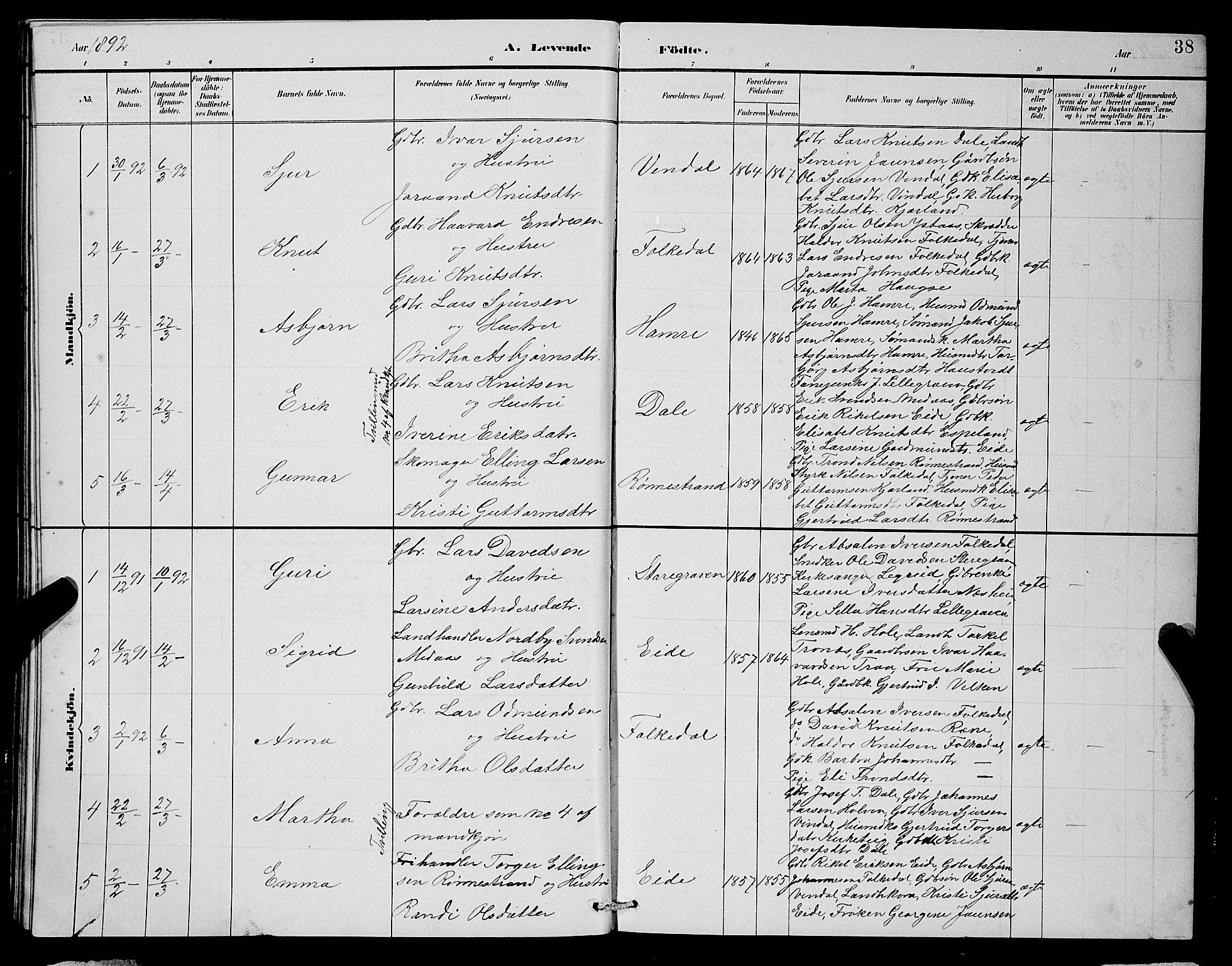 Ulvik sokneprestembete, SAB/A-78801/H/Hab: Parish register (copy) no. B 3, 1884-1901, p. 38