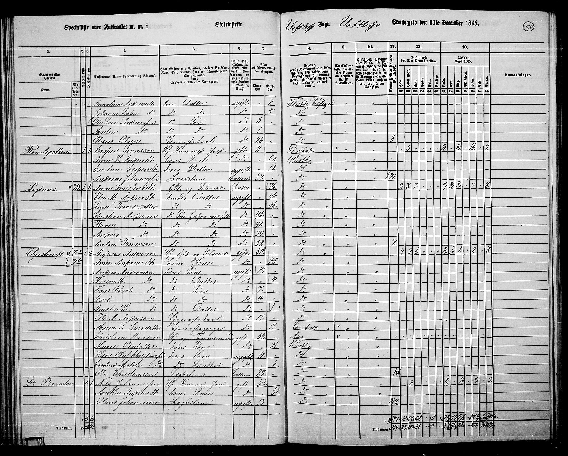 RA, 1865 census for Vestby, 1865, p. 46