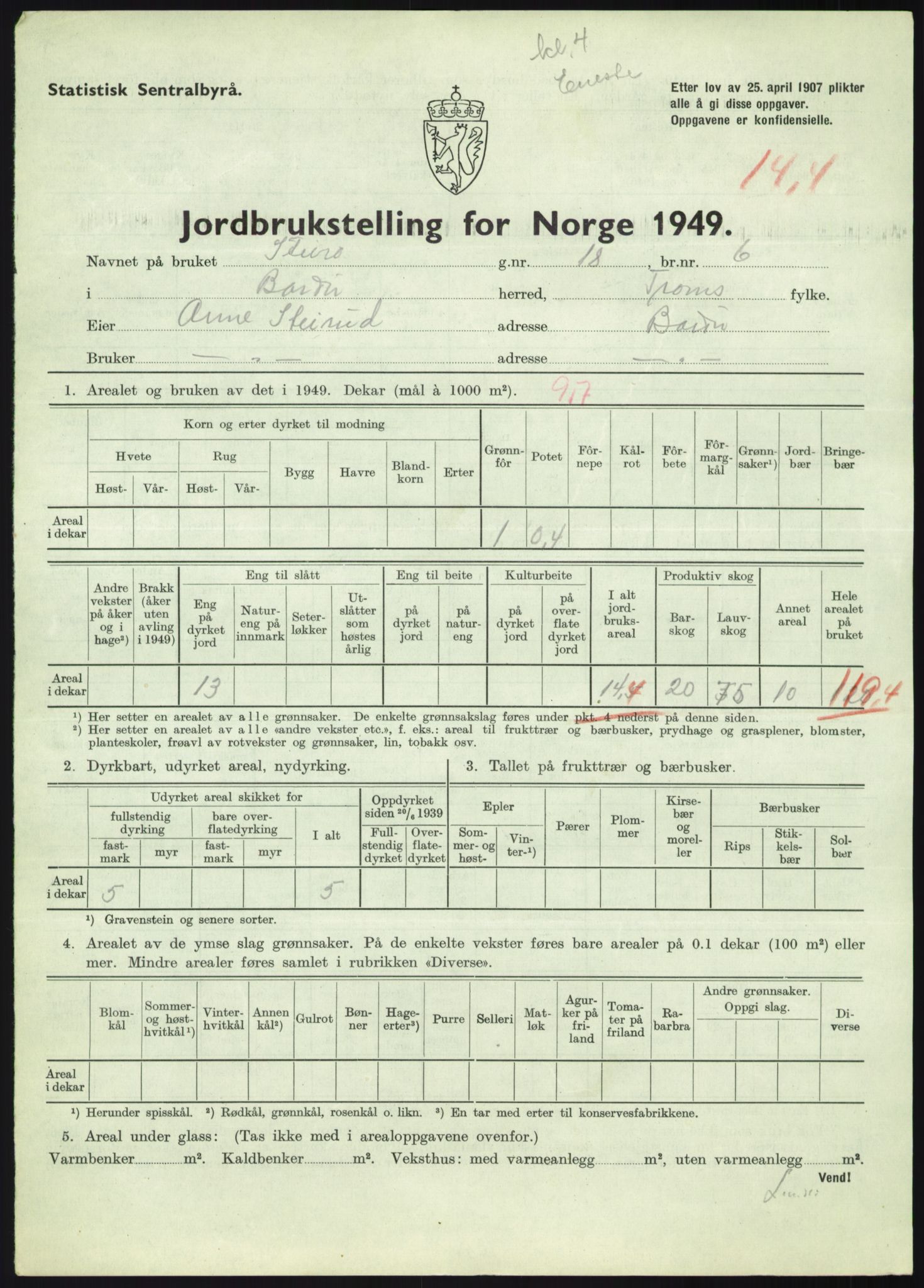 Statistisk sentralbyrå, Næringsøkonomiske emner, Jordbruk, skogbruk, jakt, fiske og fangst, AV/RA-S-2234/G/Gc/L0438: Troms: Salangen og Bardu, 1949, p. 971