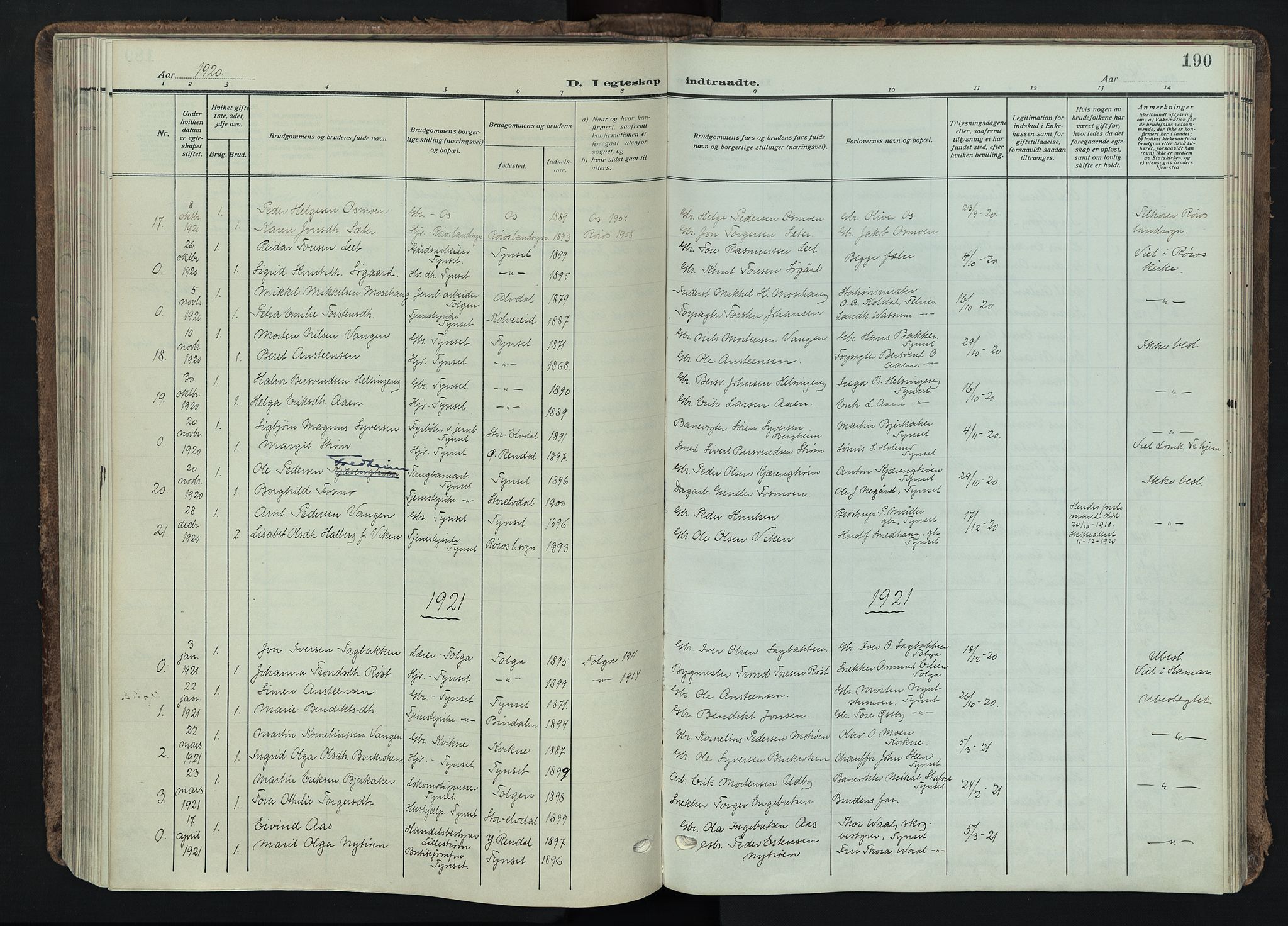 Tynset prestekontor, SAH/PREST-058/H/Ha/Haa/L0026: Parish register (official) no. 26, 1915-1929, p. 190