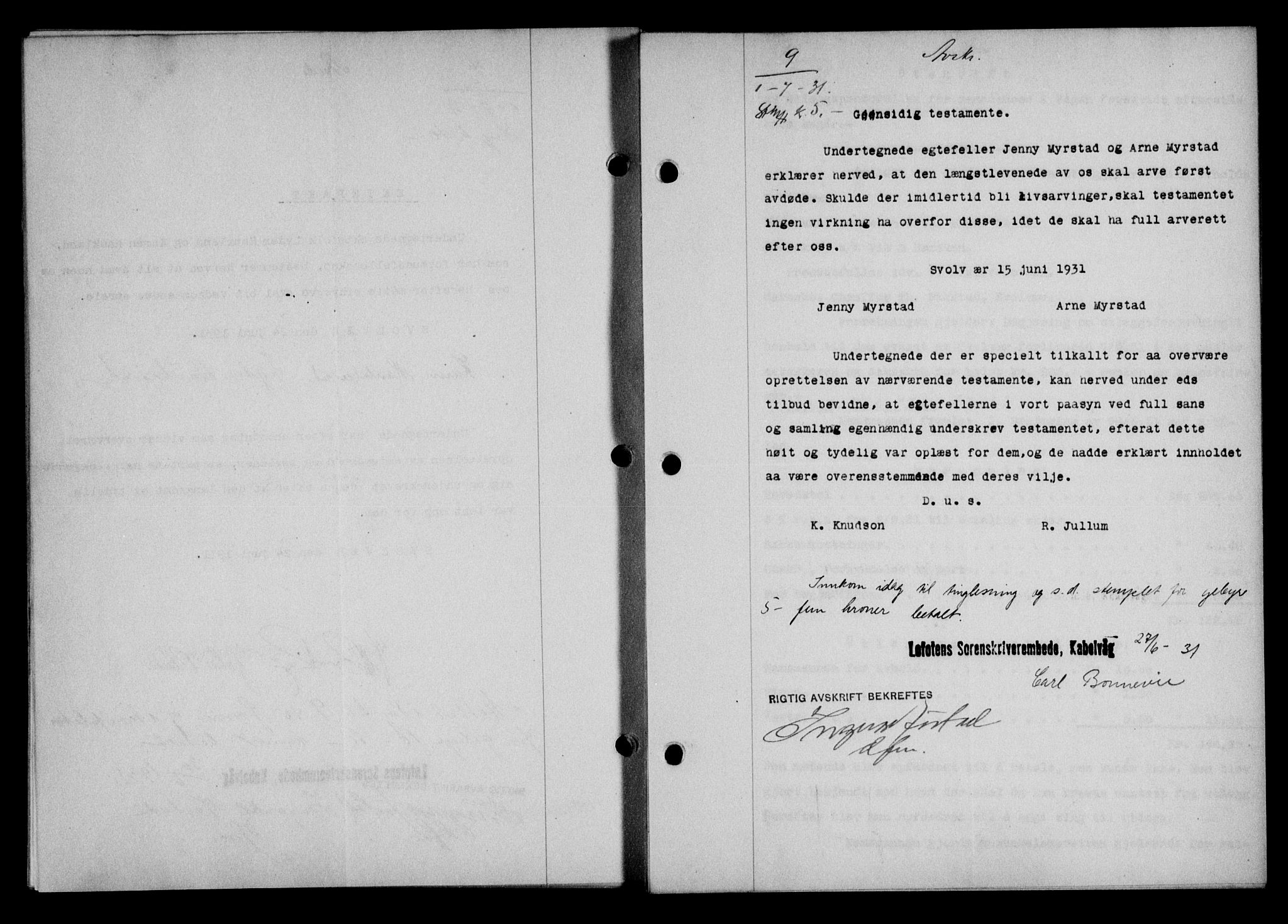 Lofoten sorenskriveri, AV/SAT-A-0017/1/2/2C/L0023b: Mortgage book no. 23b, 1931-1931, Deed date: 01.07.1931