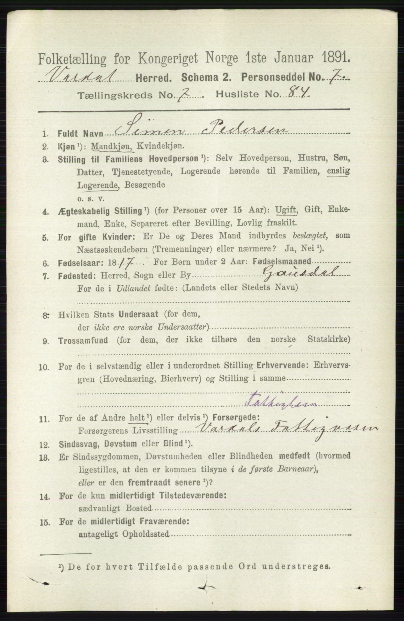 RA, 1891 census for 0527 Vardal, 1891, p. 3564