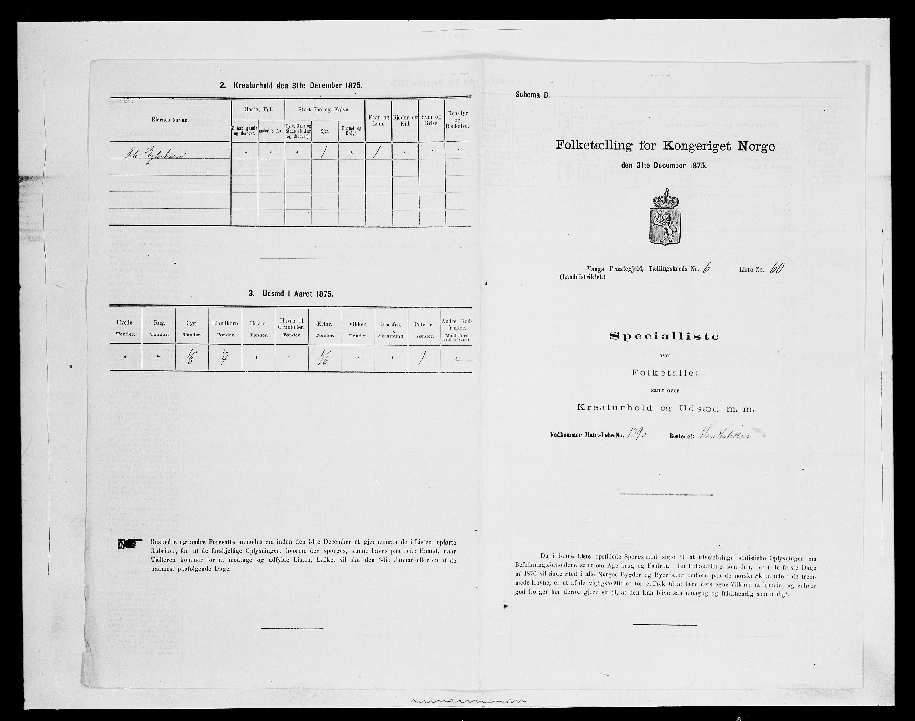 SAH, 1875 census for 0414L Vang/Vang og Furnes, 1875, p. 1395