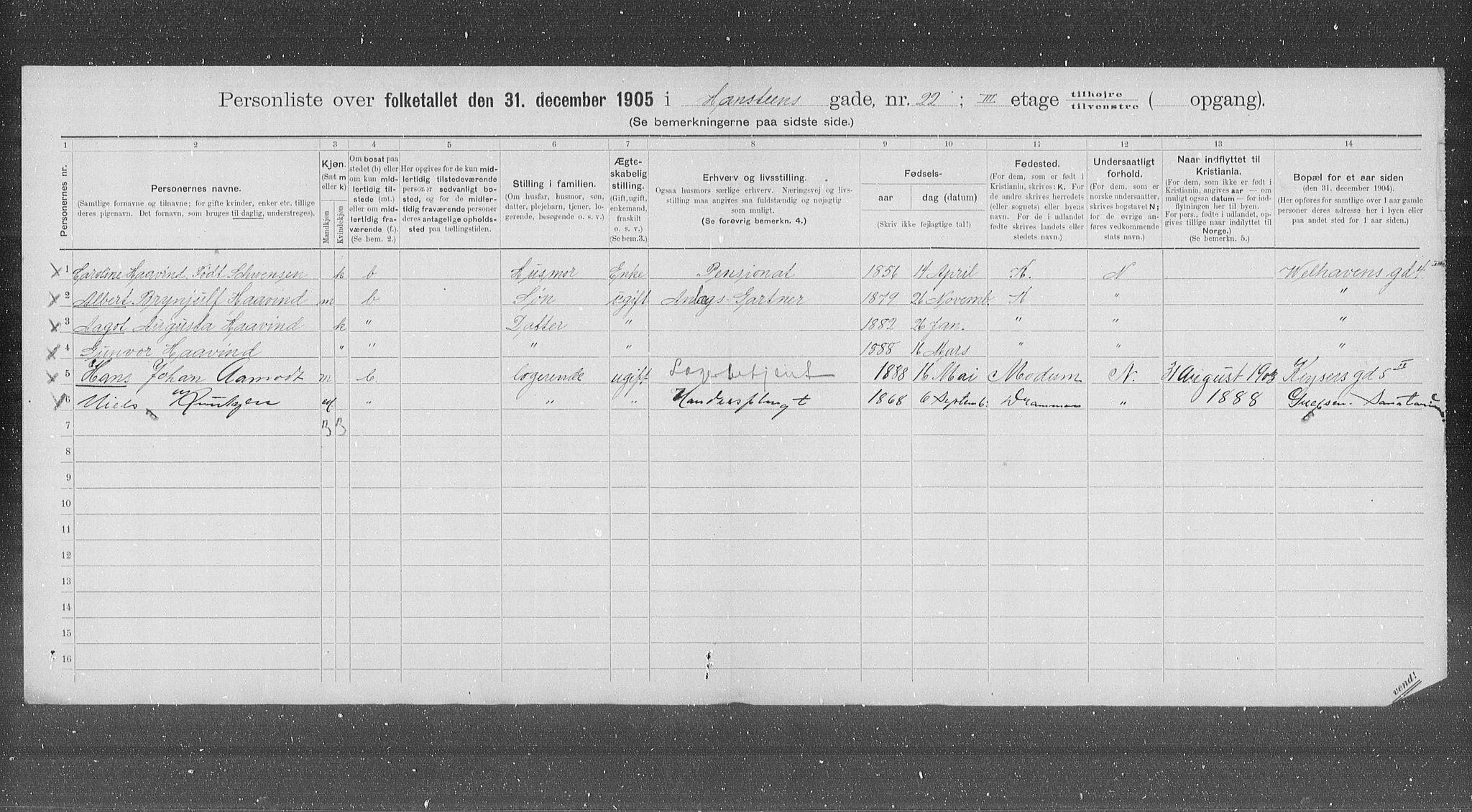 OBA, Municipal Census 1905 for Kristiania, 1905, p. 18020