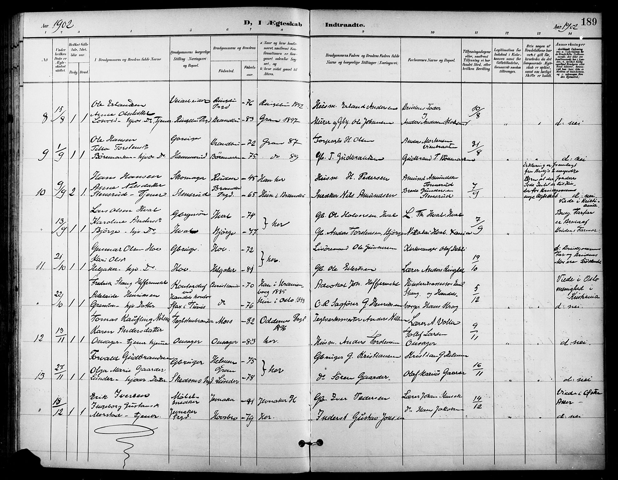 Gran prestekontor, SAH/PREST-112/H/Ha/Haa/L0019: Parish register (official) no. 19, 1898-1907, p. 189