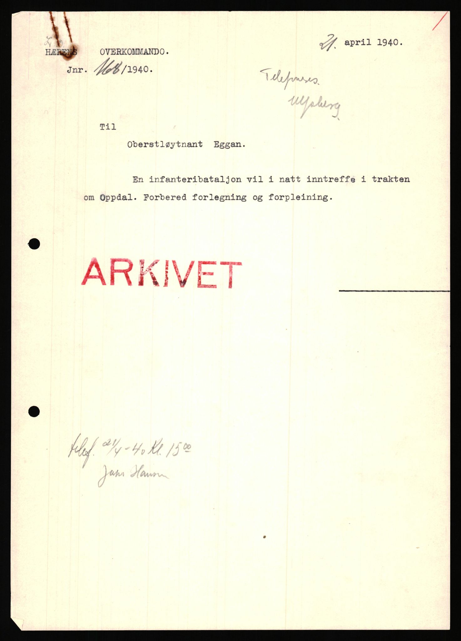 Forsvaret, Forsvarets krigshistoriske avdeling, AV/RA-RAFA-2017/Y/Ya/L0031: II-C-11-51 - Hærens overkommando, 1940, p. 188