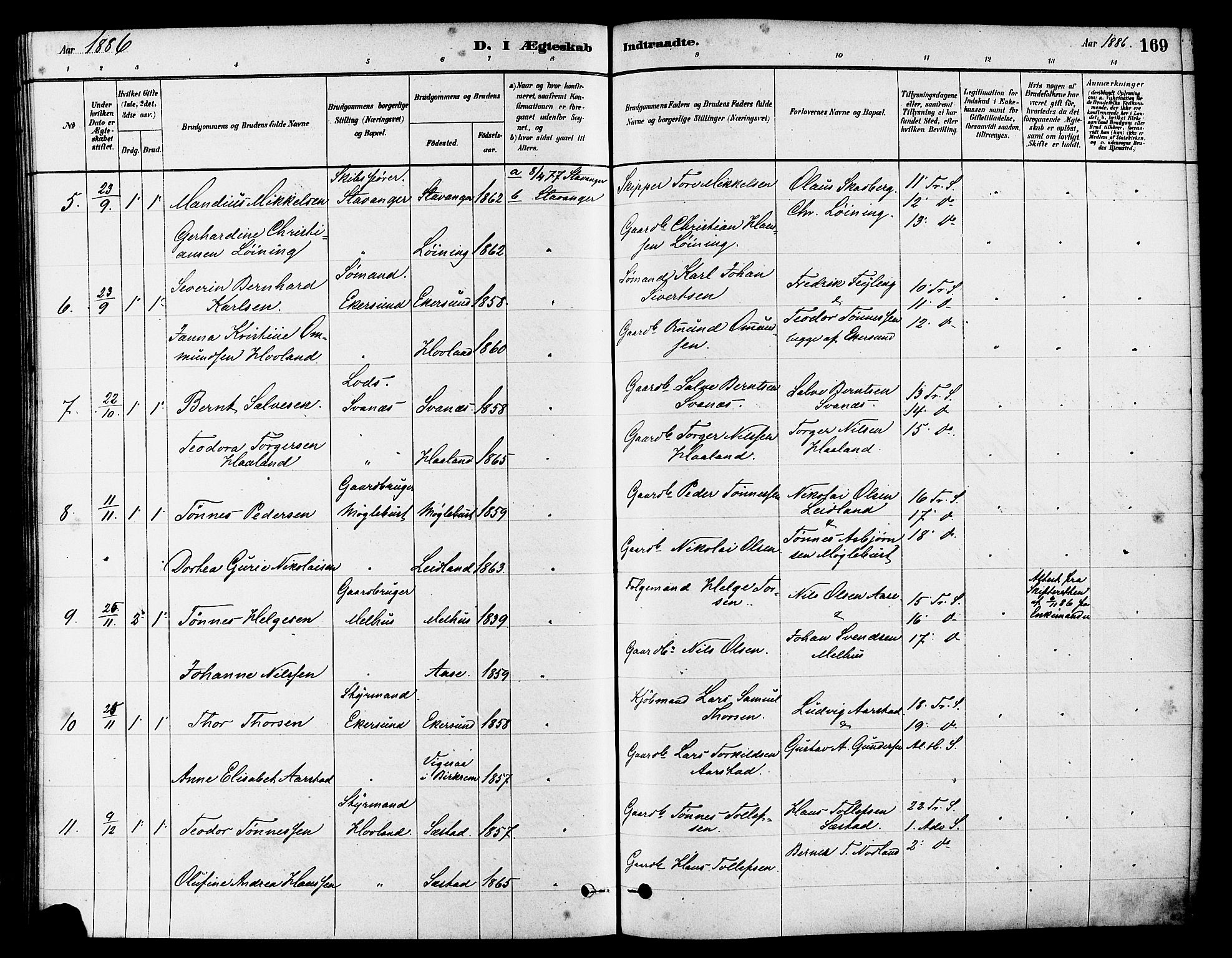 Eigersund sokneprestkontor, AV/SAST-A-101807/S08/L0017: Parish register (official) no. A 14, 1879-1892, p. 169