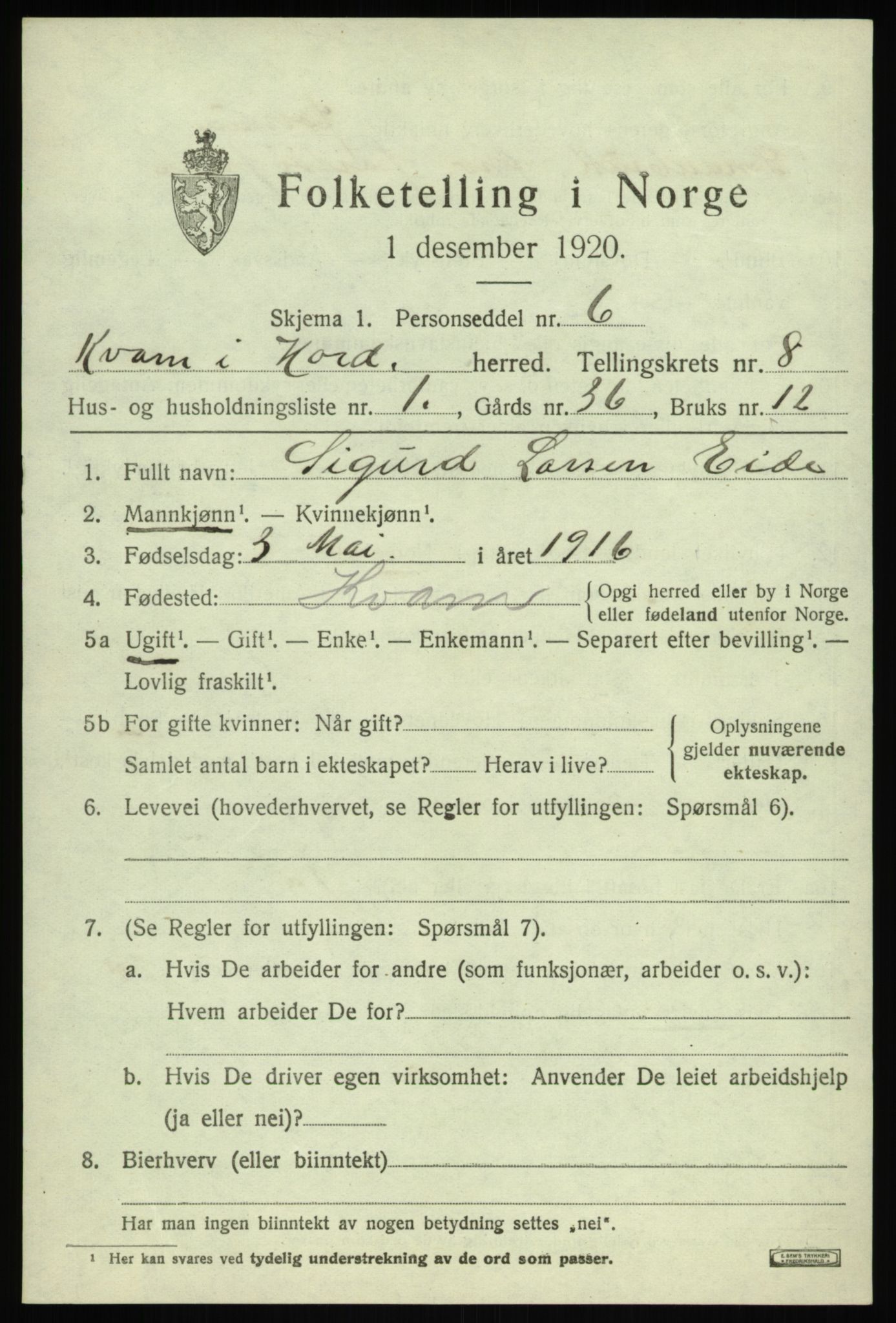 SAB, 1920 census for Kvam, 1920, p. 5173