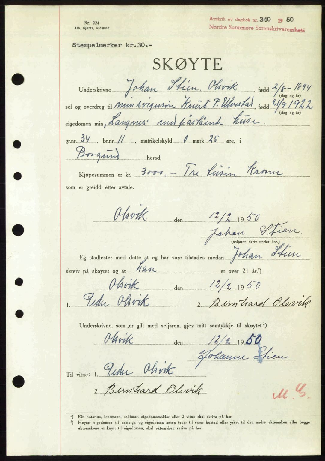 Nordre Sunnmøre sorenskriveri, AV/SAT-A-0006/1/2/2C/2Ca: Mortgage book no. A33, 1949-1950, Diary no: : 340/1950