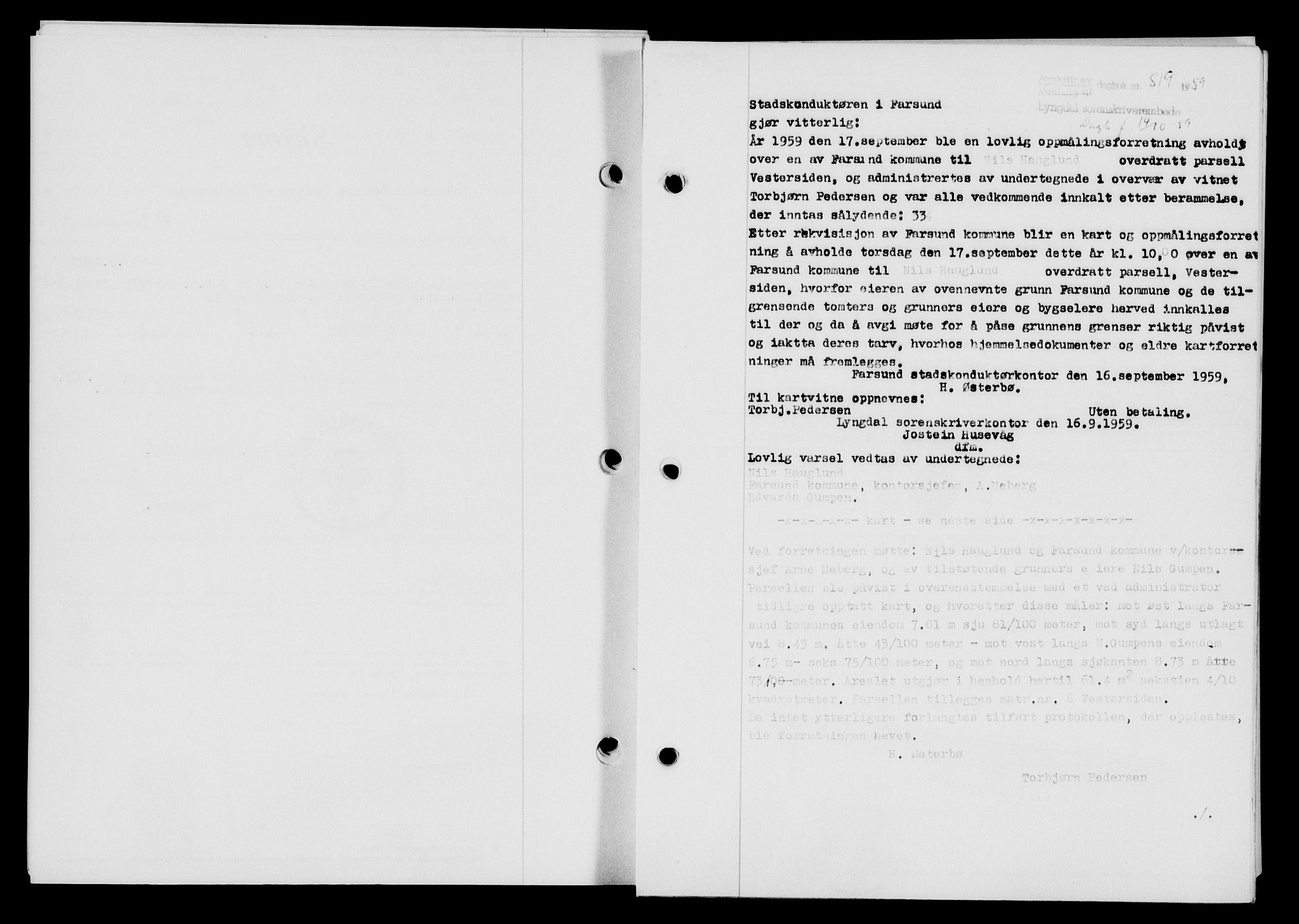 Lyngdal sorenskriveri, AV/SAK-1221-0004/G/Gb/L0679: Mortgage book no. A XXV, 1959-1960, Diary no: : 819/1959