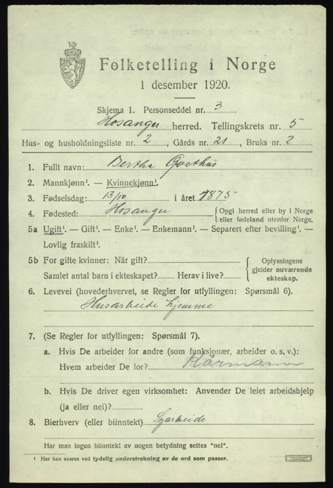 SAB, 1920 census for Hosanger, 1920, p. 2359