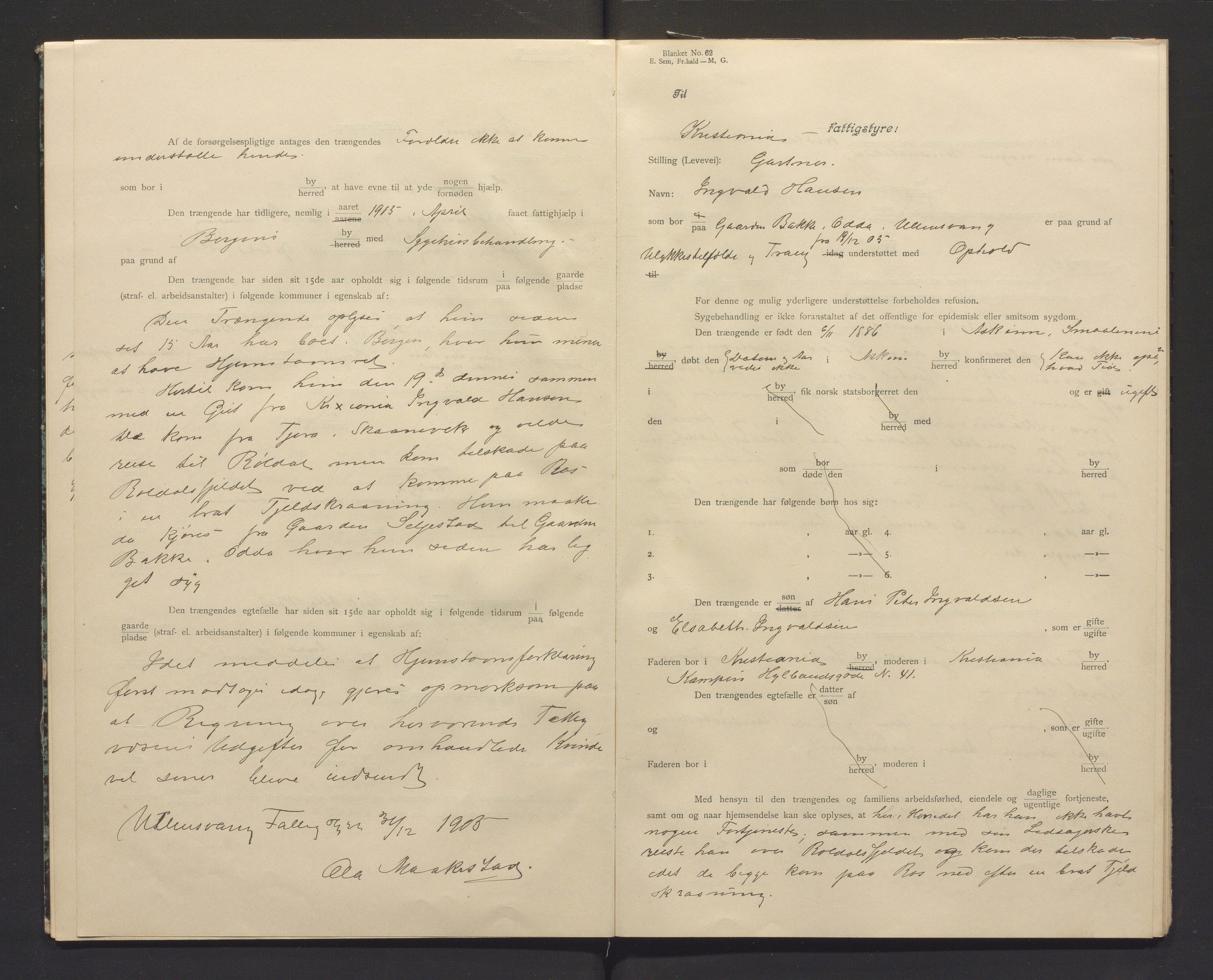 Ullensvang herad. Fattigkommisjonen, IKAH/1231b-311/I/Ia/L0001: Protokoll over heimstavnsforklaringar, 1903-1913