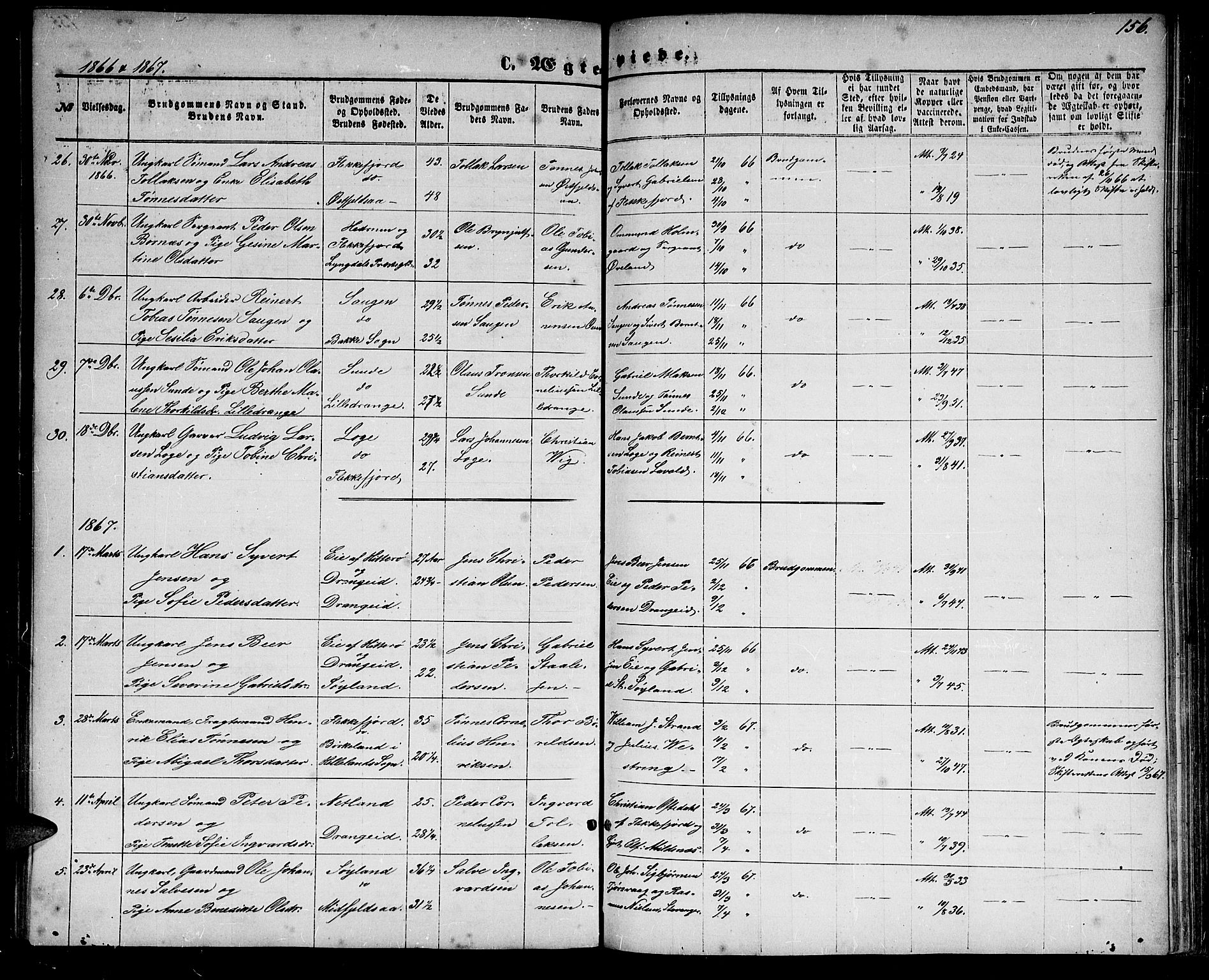Flekkefjord sokneprestkontor, SAK/1111-0012/F/Fb/Fbc/L0006: Parish register (copy) no. B 6, 1866-1879, p. 156