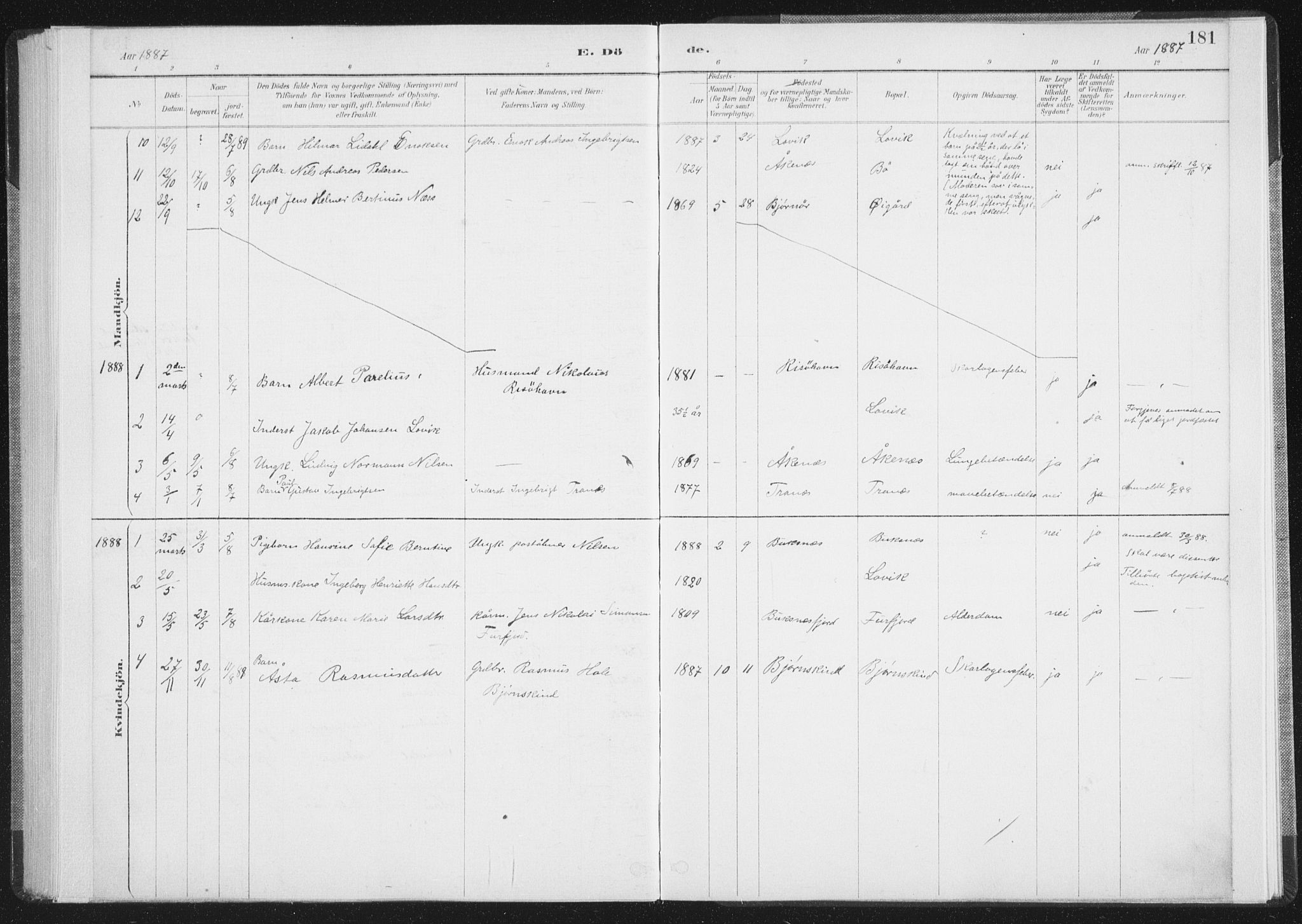 Ministerialprotokoller, klokkerbøker og fødselsregistre - Nordland, AV/SAT-A-1459/898/L1422: Parish register (official) no. 898A02, 1887-1908, p. 181