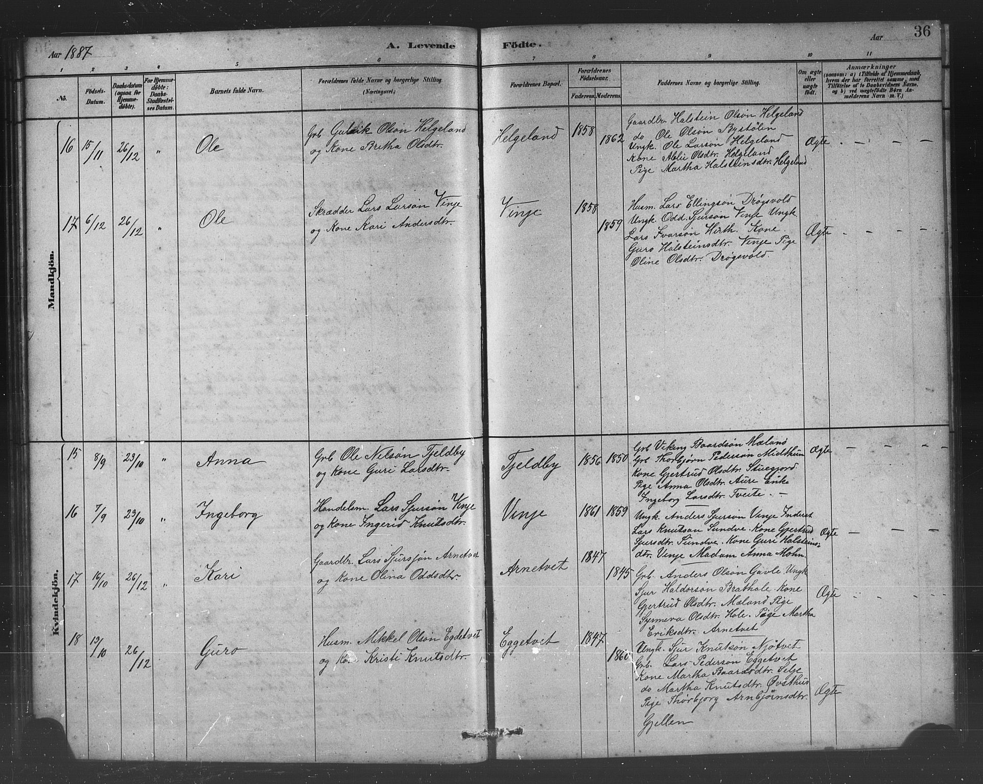 Vossestrand Sokneprestembete, AV/SAB-A-79101/H/Hab: Parish register (copy) no. B 3, 1880-1907, p. 36