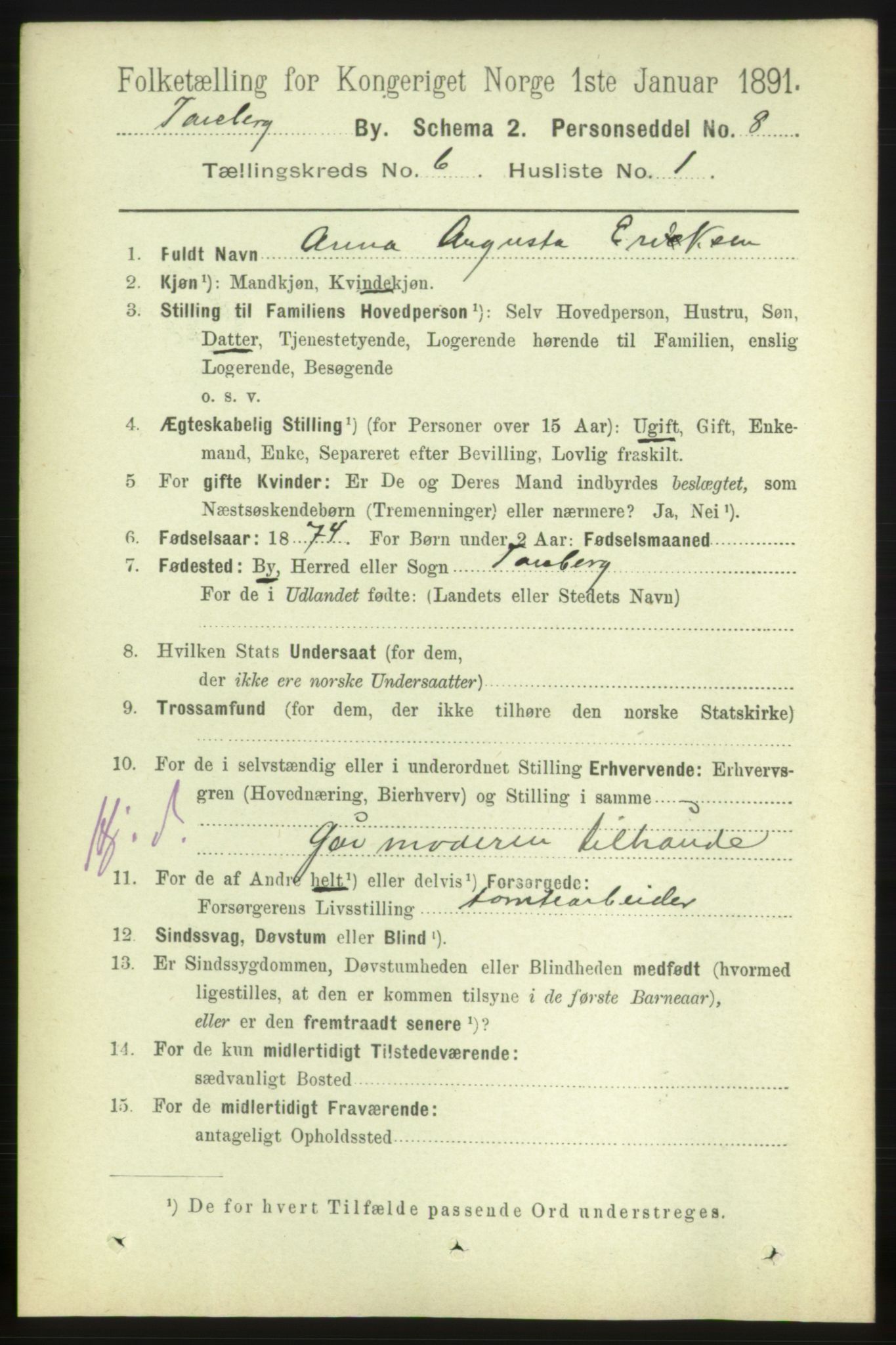 RA, 1891 census for 0705 Tønsberg, 1891, p. 2454