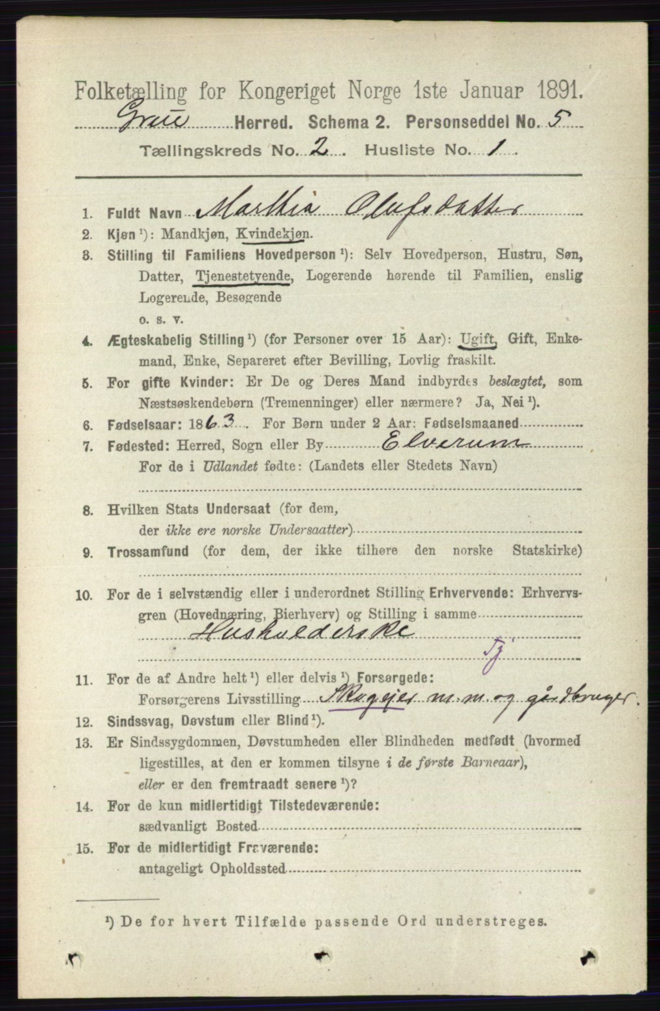 RA, 1891 census for 0423 Grue, 1891, p. 1076