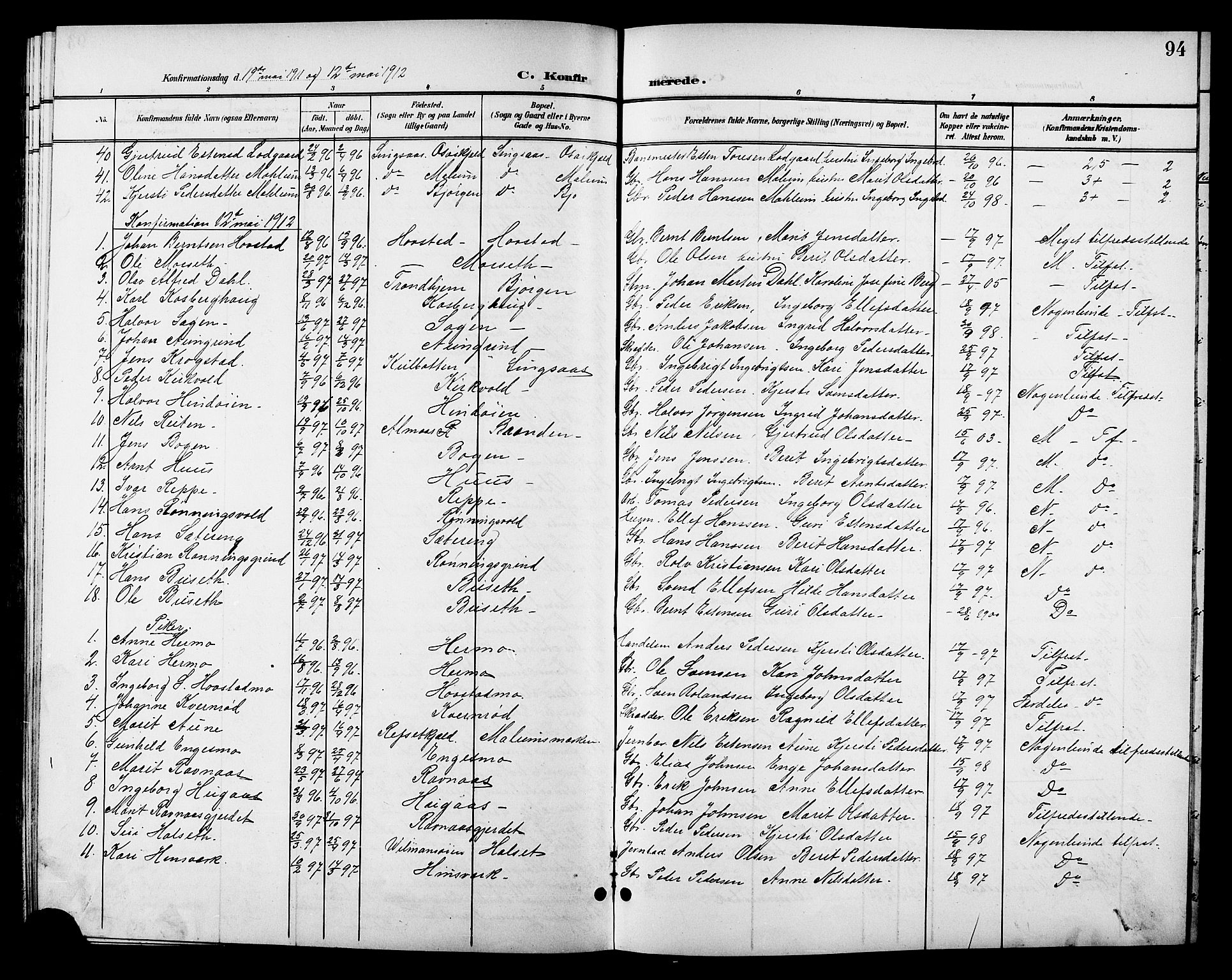 Ministerialprotokoller, klokkerbøker og fødselsregistre - Sør-Trøndelag, AV/SAT-A-1456/688/L1029: Parish register (copy) no. 688C04, 1899-1915, p. 94