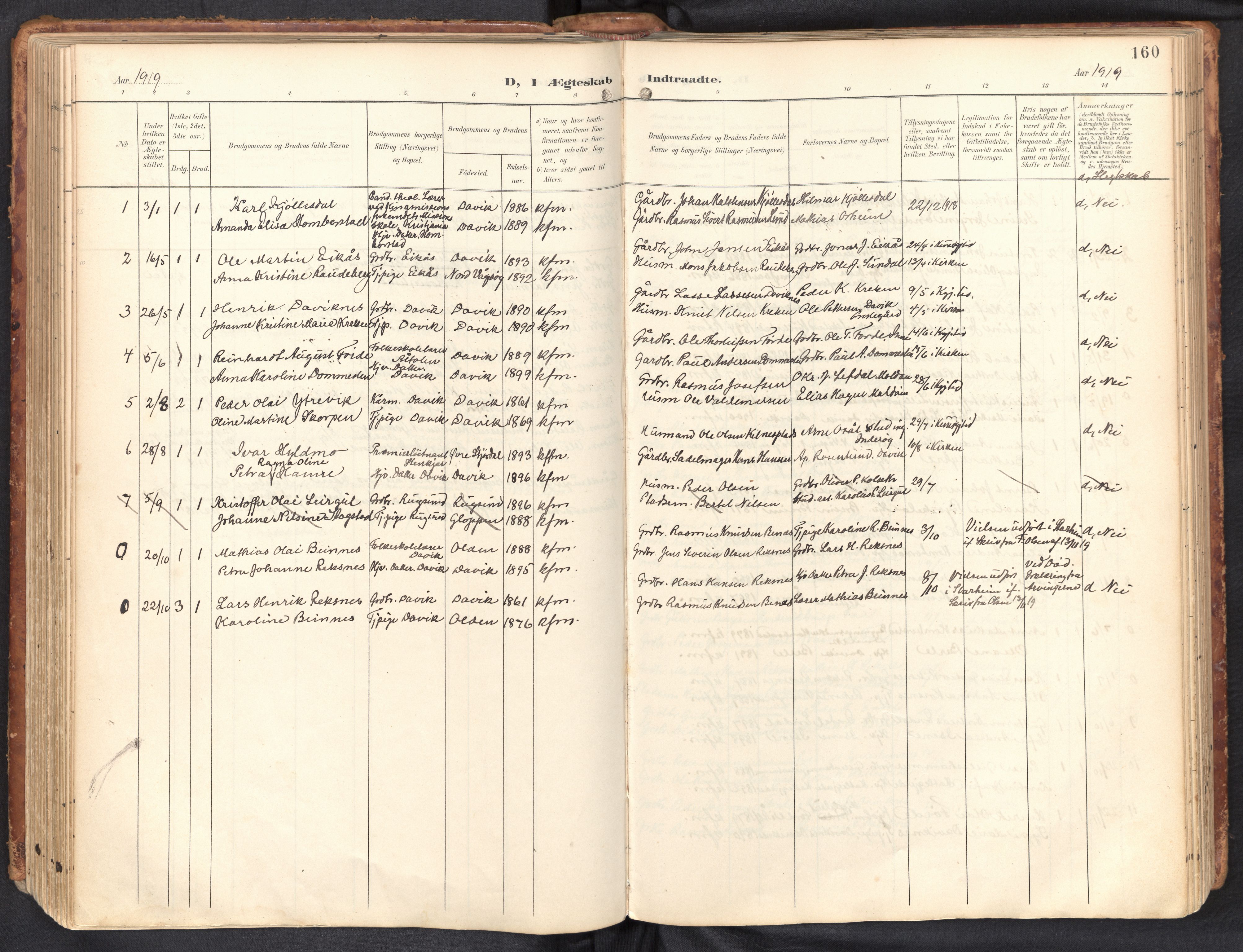 Davik sokneprestembete, SAB/A-79701/H/Haa/Haab/L0002: Parish register (official) no. B 2, 1901-1934, p. 160