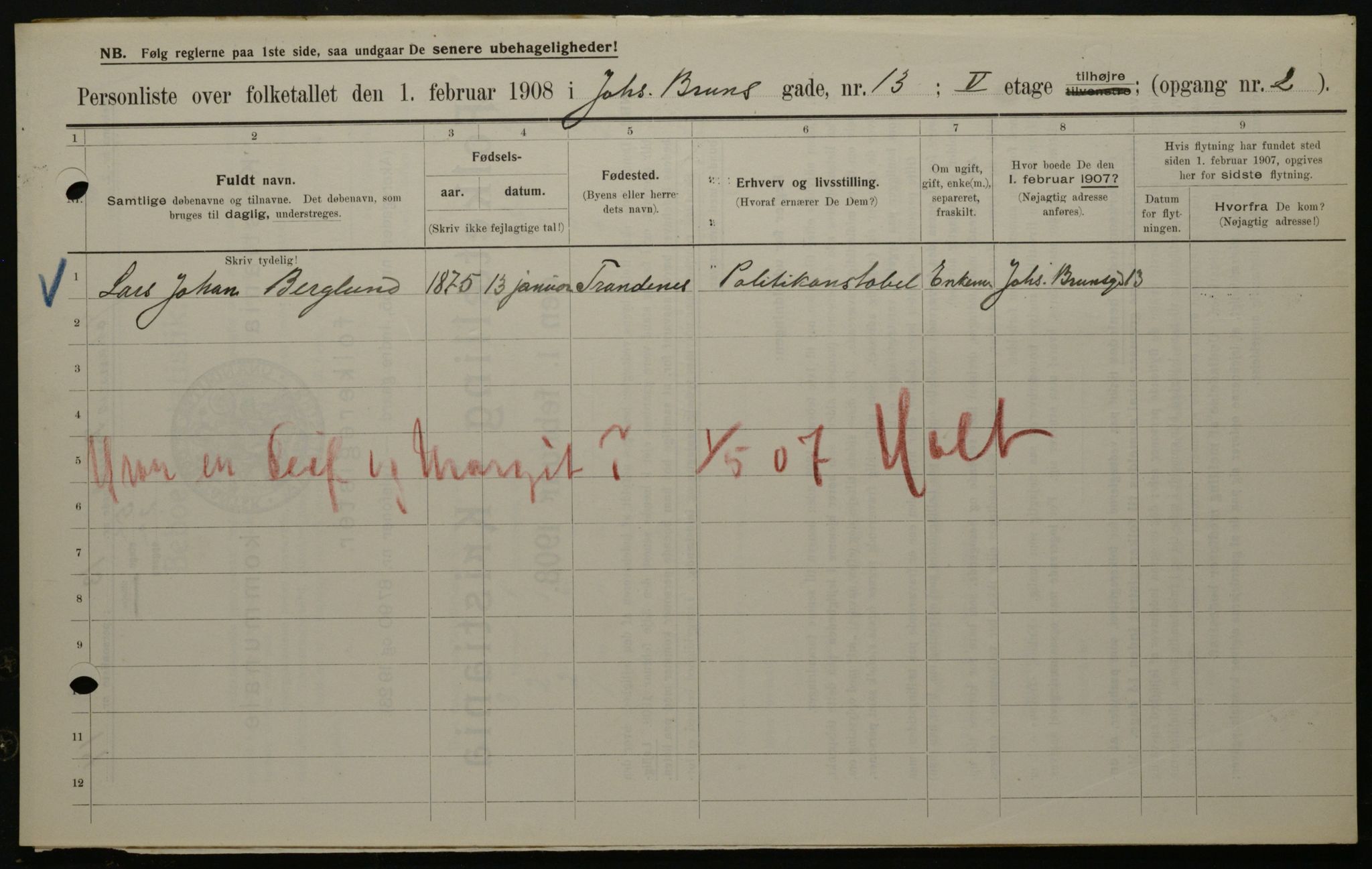 OBA, Municipal Census 1908 for Kristiania, 1908, p. 42142