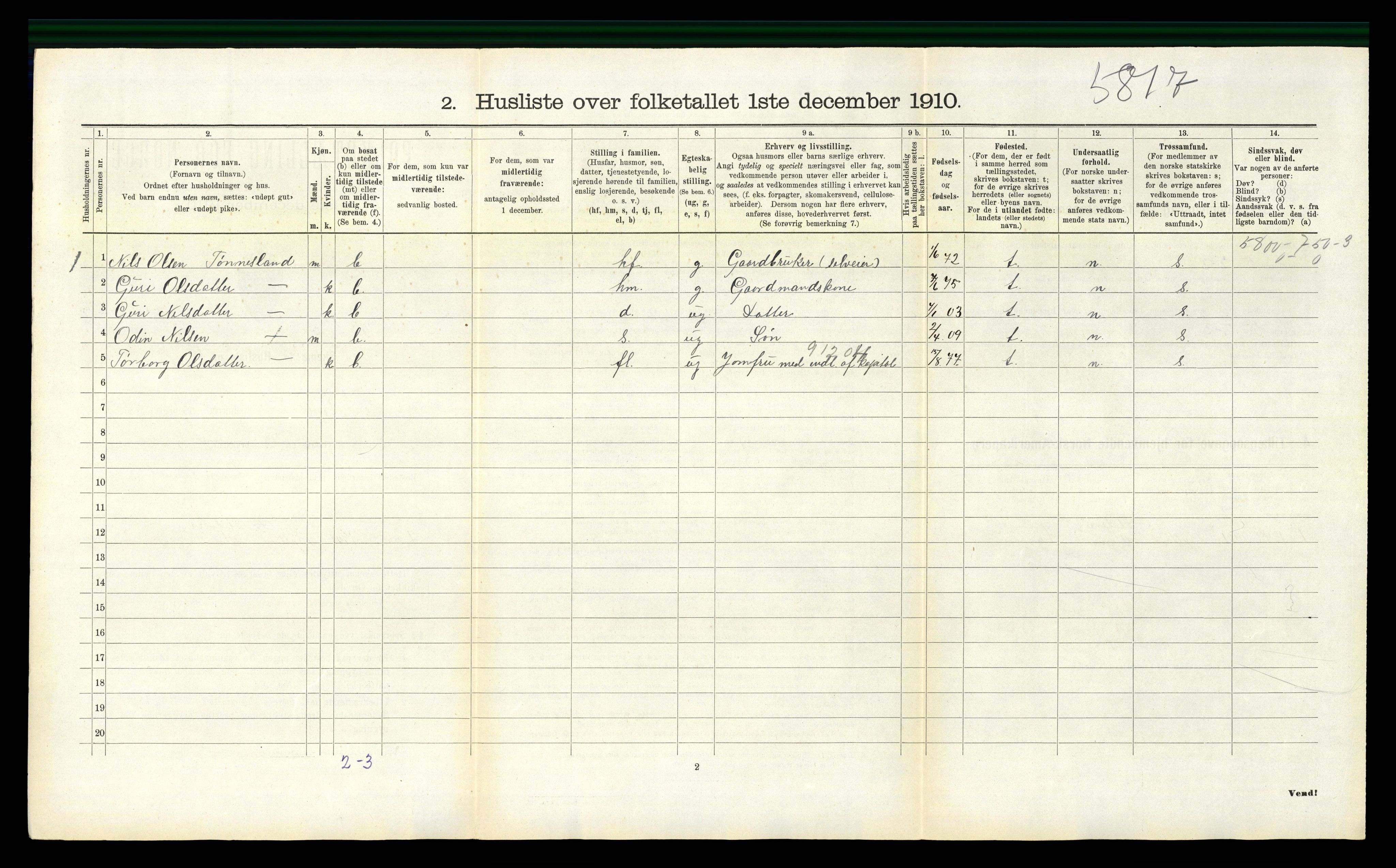 RA, 1910 census for Bjelland, 1910, p. 177