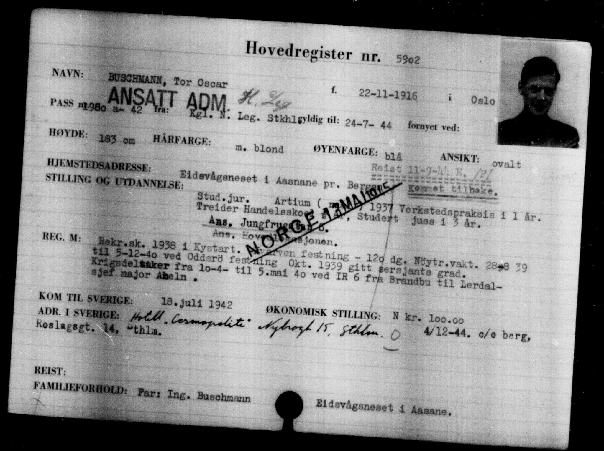 Utenriksstasjonene, Legasjonen i Stockholm, Flyktningkontoret, AV/RA-S-6753/V/Va/L0004: Kjesäterkartoteket, flyktninger med registreringsnr. 3496-6610, 1940-1945, p. 2801